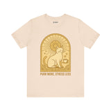 Purr More Stress Less Cat Tee, Cozy Cat Lover Shirt, Gift for Pet Owners, Cute Animal Top, Cat with Coffee