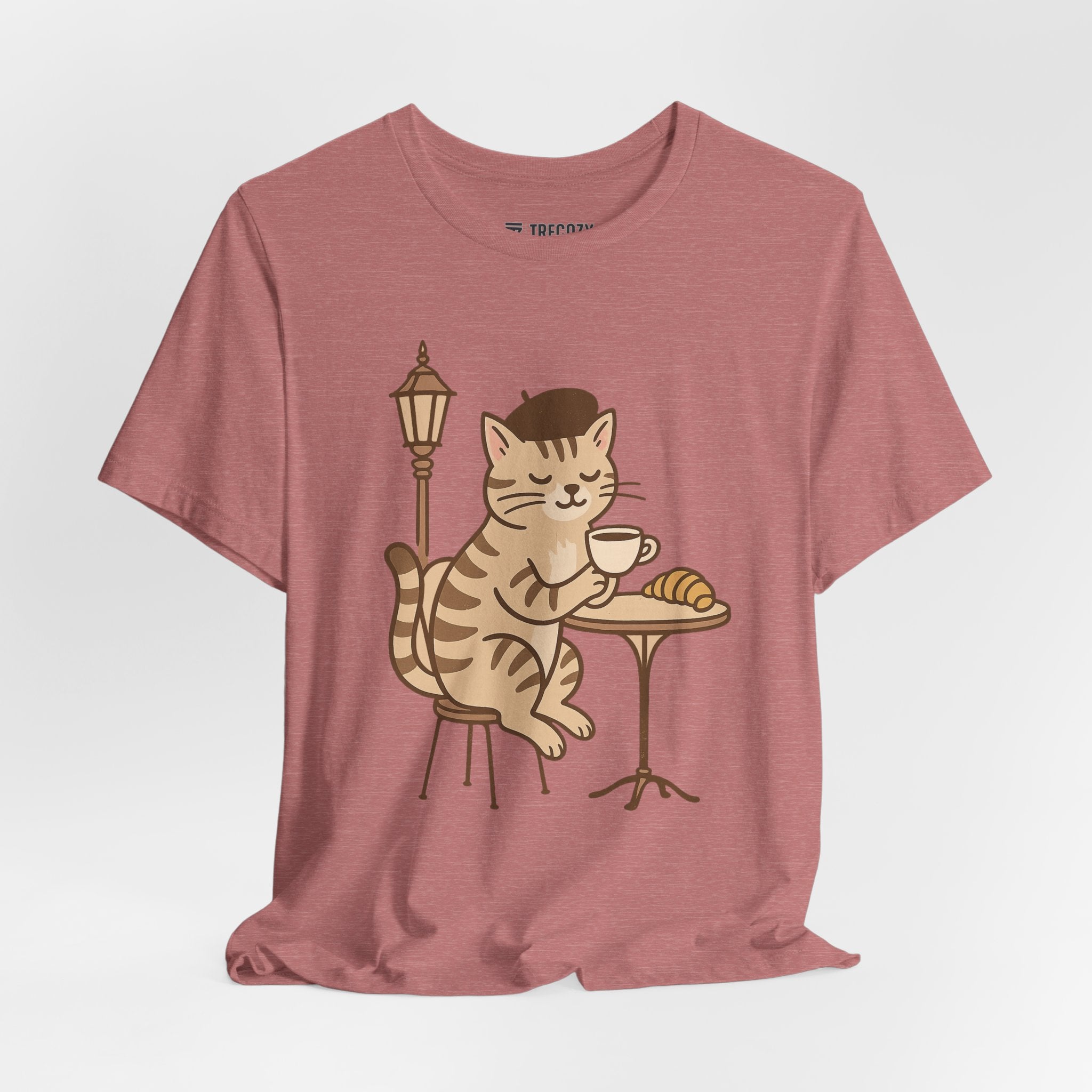 Cat Drinking Coffee Tee, Cozy Cat Lover Shirt, Gift for Pet Owners, Cute Animal Top, Cat with Croissant, Cat with Food, Travelling Cat
