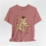 Cat Drinking Coffee Tee, Cozy Cat Lover Shirt, Gift for Pet Owners, Cute Animal Top, Cat with Croissant, Cat with Food, Travelling Cat