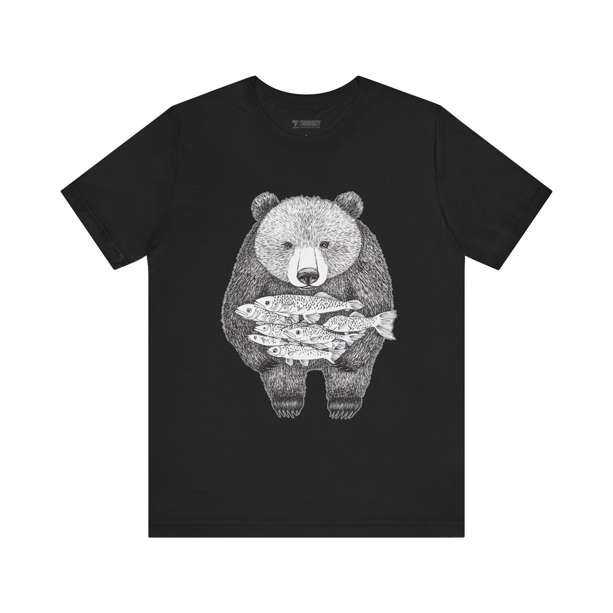 Bear with Fish Catch – Hand-Drawn Wildlife T-Shirt, Rustic Nature Graphic Tee, Artisan Wildlife Graphic Tee