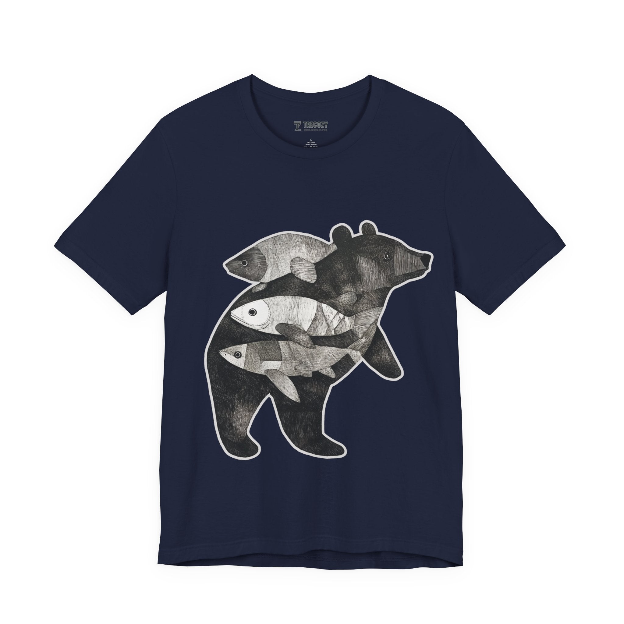 Bear & Fish – Nature T-Shirt, Artisan Wildlife Graphic Tee, Bear Graphic T-Shirt, Wildlife Lover Shirt
