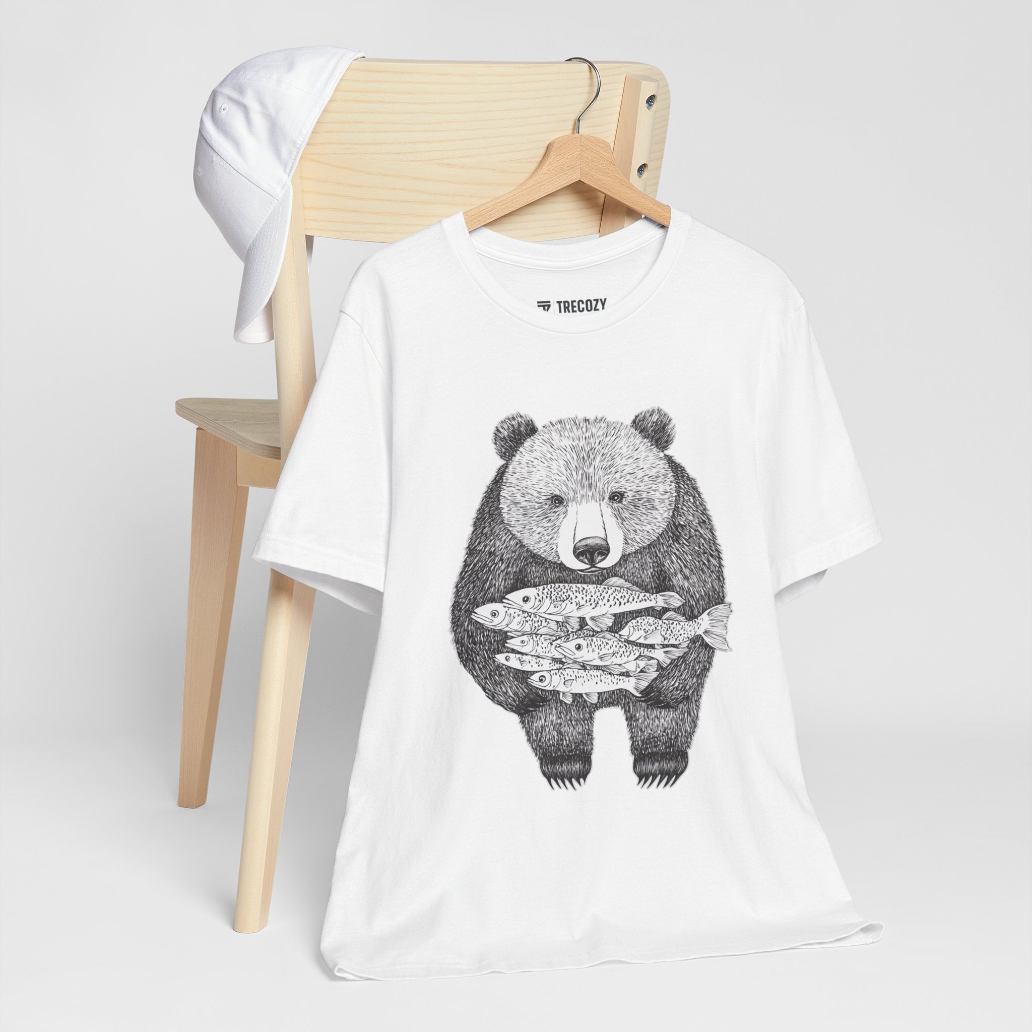 Bear with Fish Catch – Hand-Drawn Wildlife T-Shirt, Rustic Nature Graphic Tee, Artisan Wildlife Graphic Tee