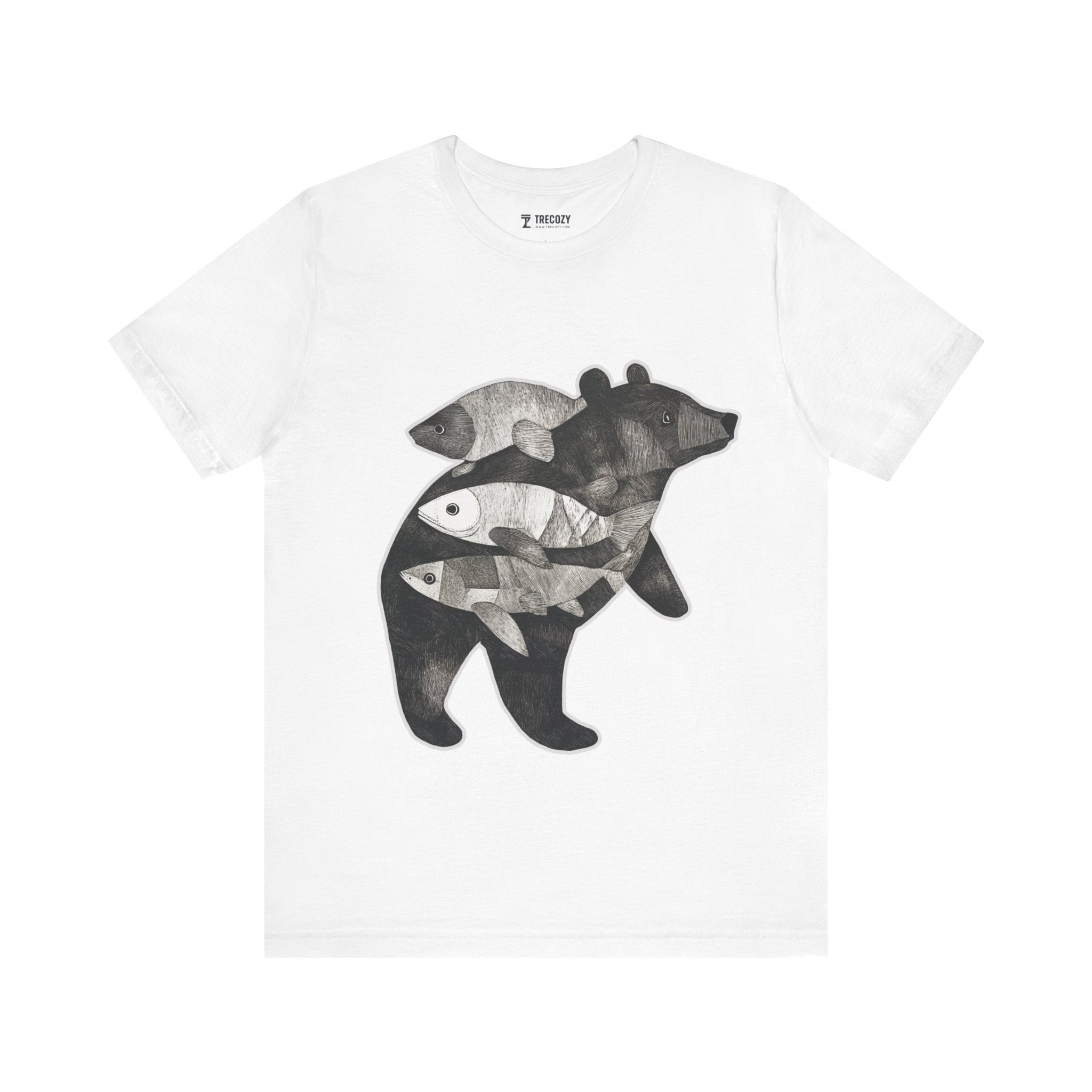 Bear & Fish – Nature T-Shirt, Artisan Wildlife Graphic Tee, Bear Graphic T-Shirt, Wildlife Lover Shirt