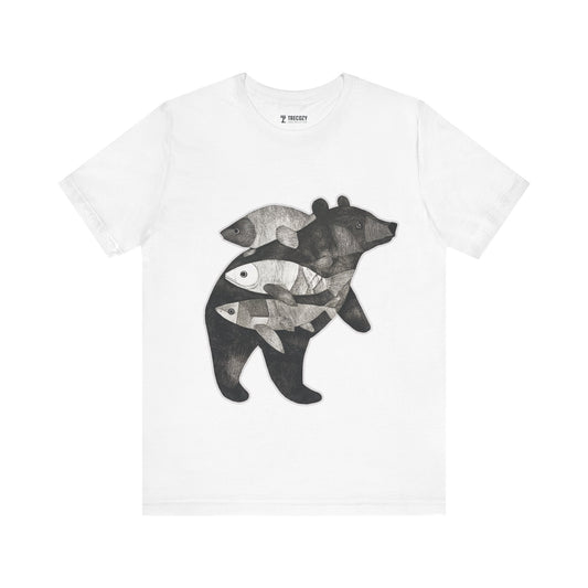 Bear & Fish – Nature T-Shirt, Artisan Wildlife Graphic Tee, Bear Graphic T-Shirt, Wildlife Lover Shirt