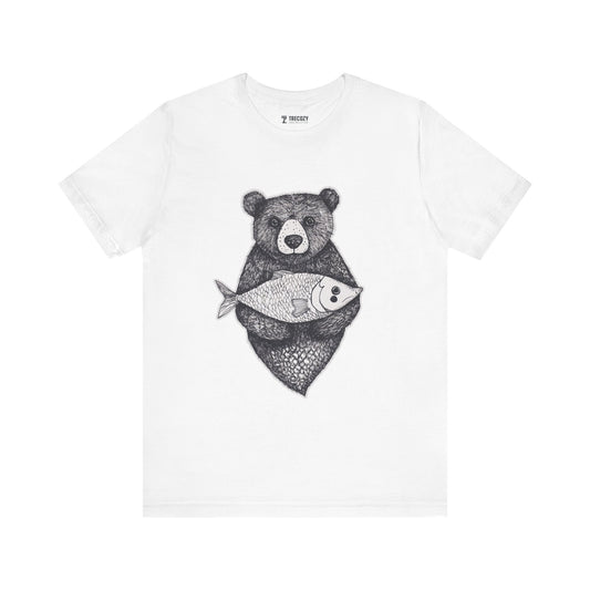 Bear with Fish – Woodland Animal T-Shirt, Nature-Inspired Graphic Tee