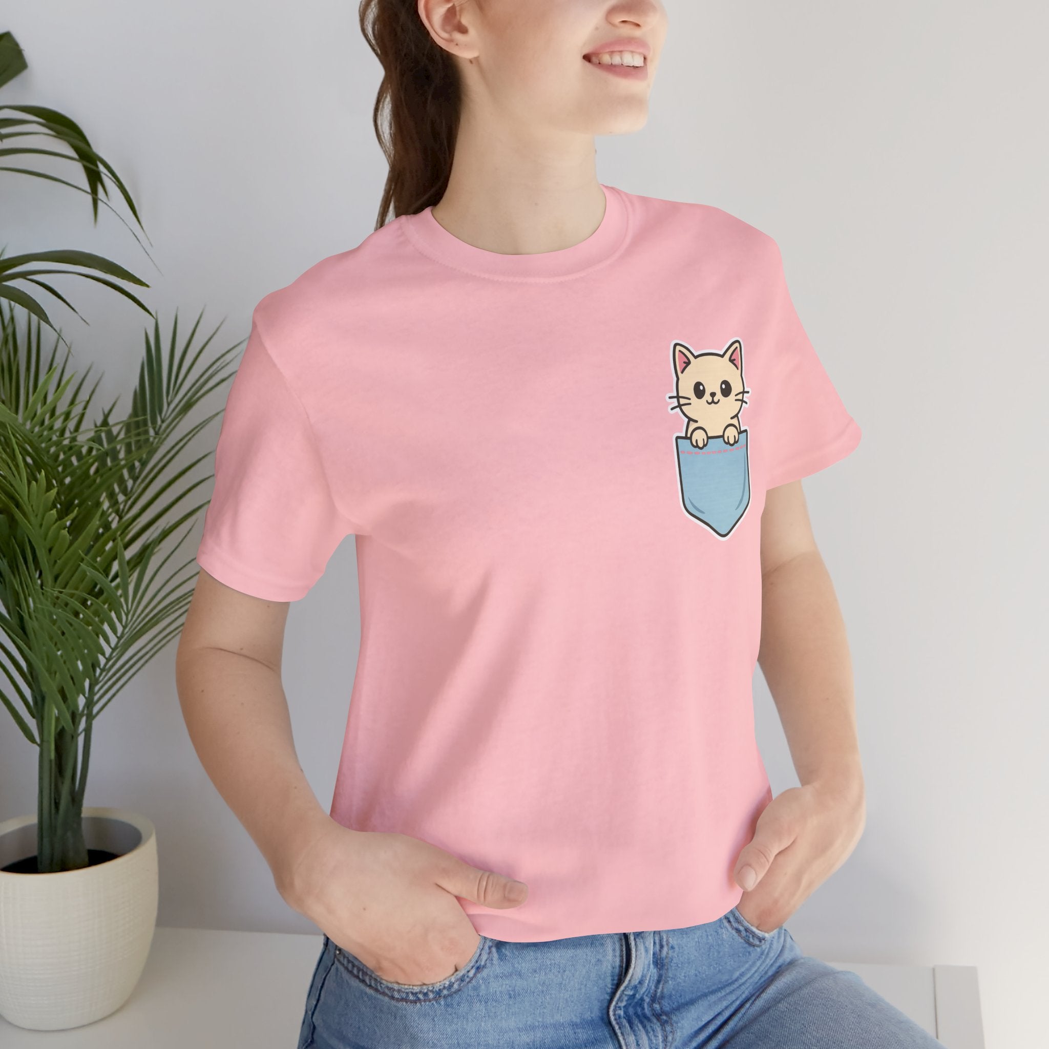 Cute Cat Pocket Tee, Cozy Cat Lover Shirt, Gift for Pet Owners, Cute Animal Top