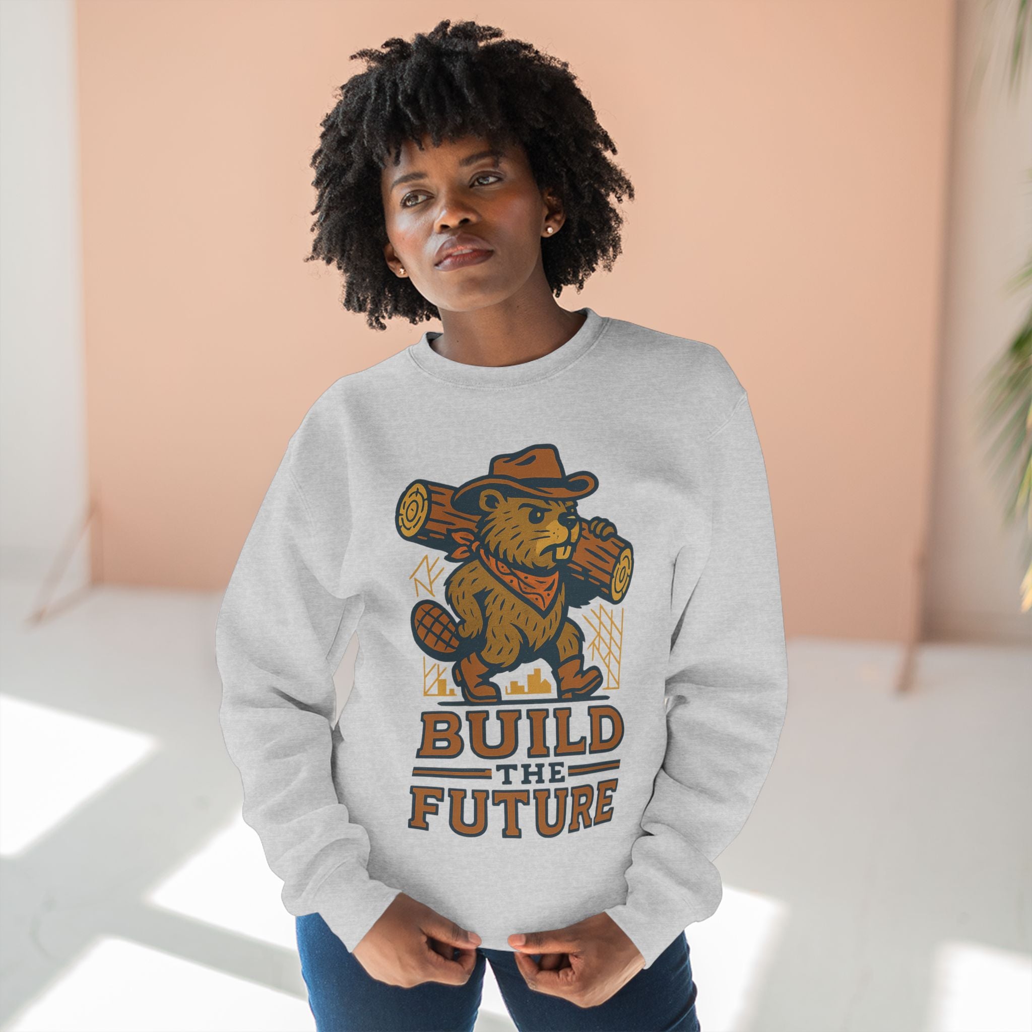 Cozy Unisex Beaver Crewneck Sweatshirt - Build the Future, Inspirational Gift for Dreamers, Casual Layer for Nature Lovers, Comfortable
