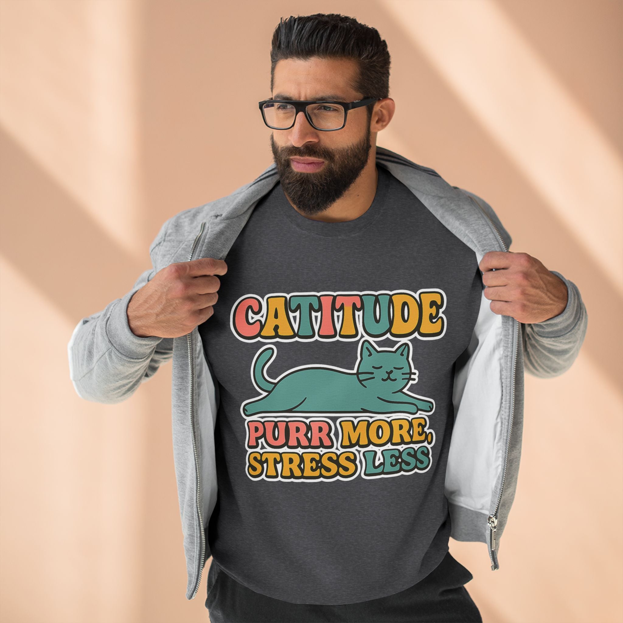 Playful Catitude Sweatshirt - Purr More Stress Less, Pet Lovers Gift, Animal Lover Apparel, Cozy Work from Home Wear, Cat Mom Sweatshirt