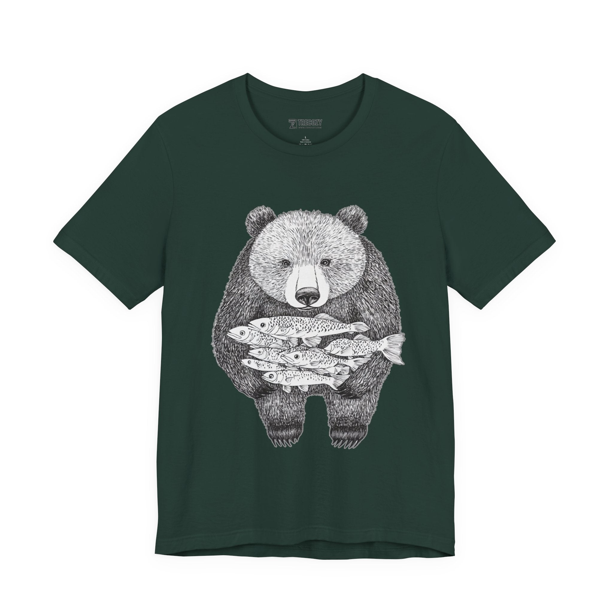 Bear with Fish Catch – Hand-Drawn Wildlife T-Shirt, Rustic Nature Graphic Tee, Artisan Wildlife Graphic Tee