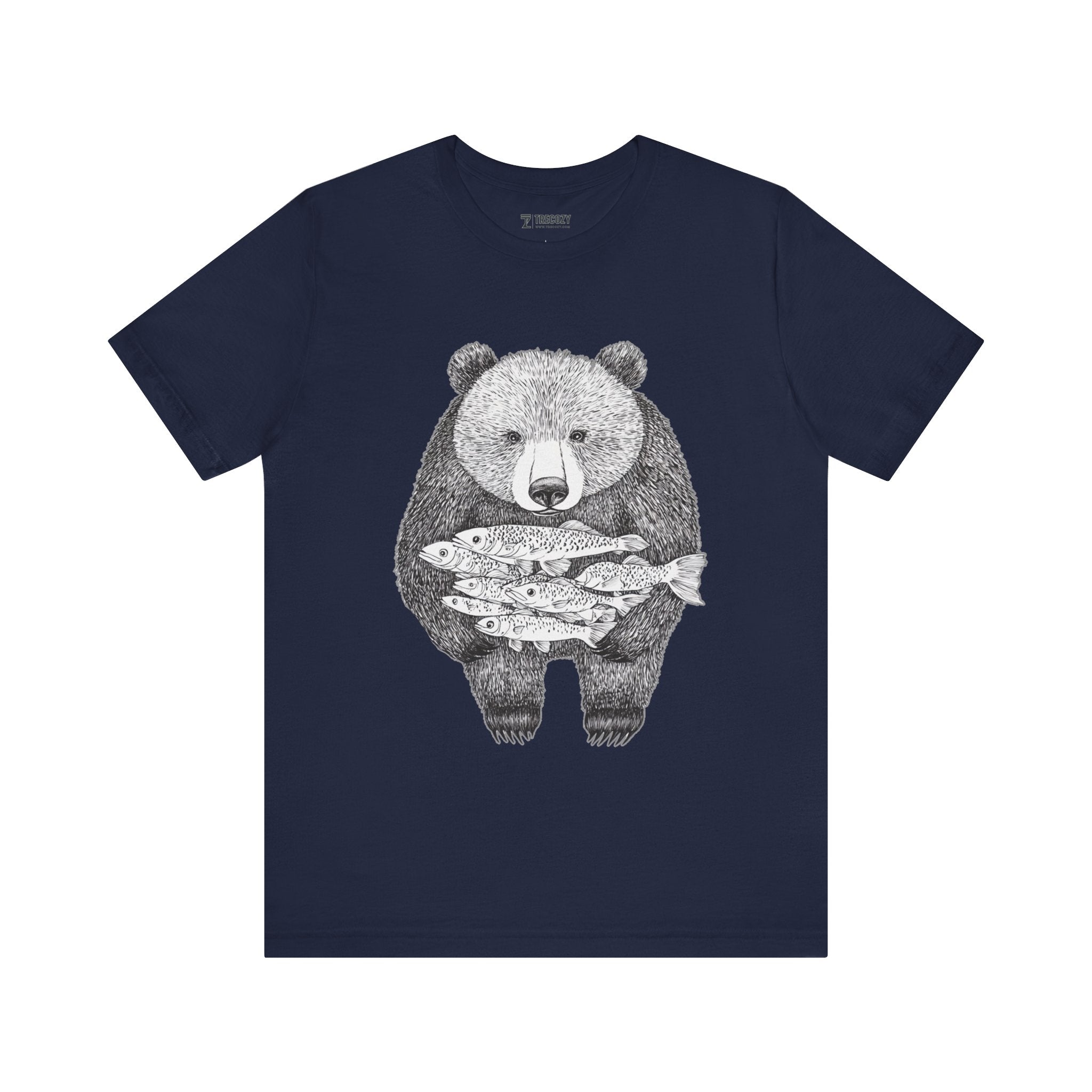 Bear with Fish Catch – Hand-Drawn Wildlife T-Shirt, Rustic Nature Graphic Tee, Artisan Wildlife Graphic Tee