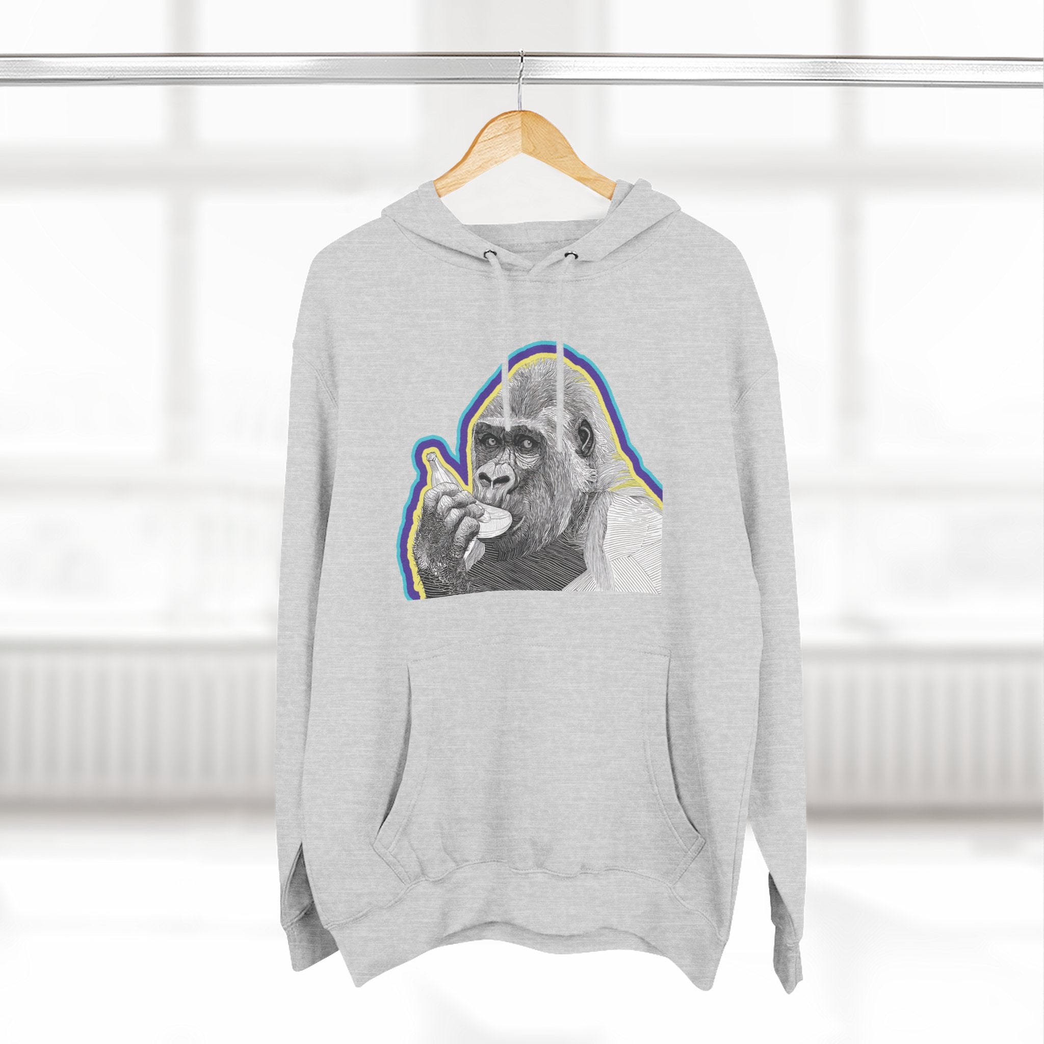 Psychedelic Gorilla Hoodie – Hand-Drawn Banana Graphic, Bold Neon Urban Streetwear, Perfect for Gifts, Lounging, Nature Lovers