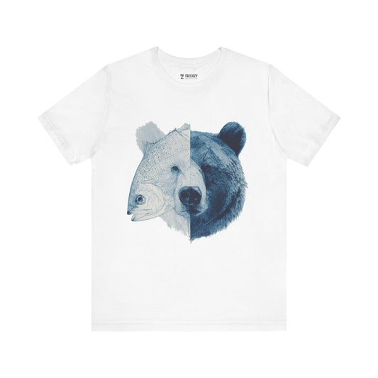 Bear & Fish Duality – Artistic Wildlife Fusion T-Shirt, Nature-Inspired Graphic Tee