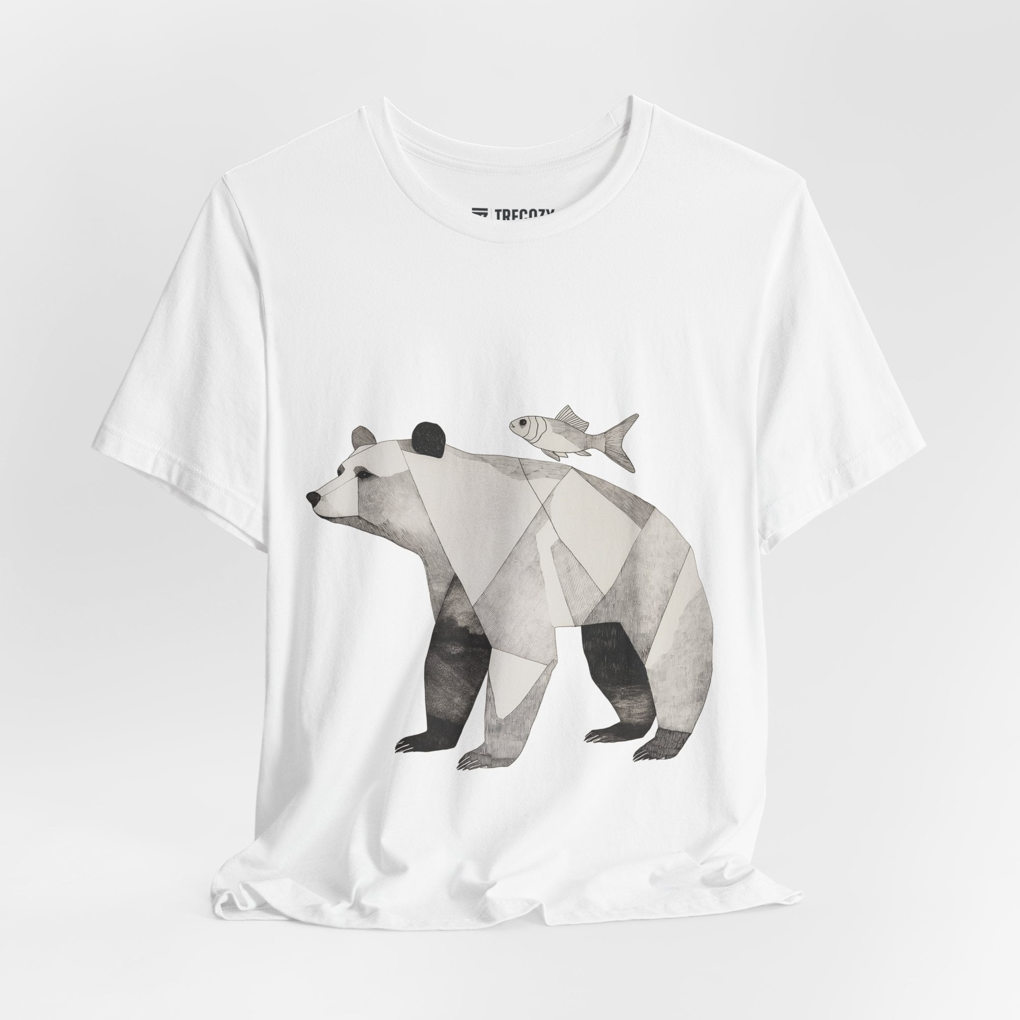 Geometric Bear & Fish – Hand-Drawn Abstract Wildlife T-Shirt, Modern Nature Graphic Tee, Wildlife Graphic Tee