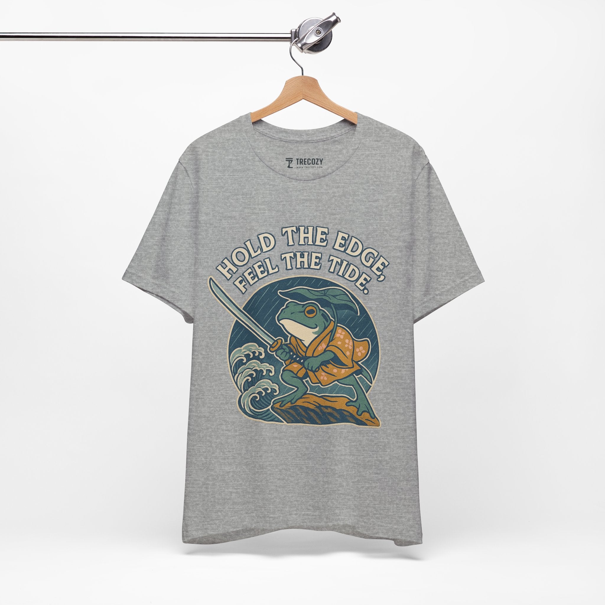 Hold the Edge, Feel the Tide – Japanese Ukiyo-e Samurai Frog T-Shirt, Warrior Wave Graphic Tee