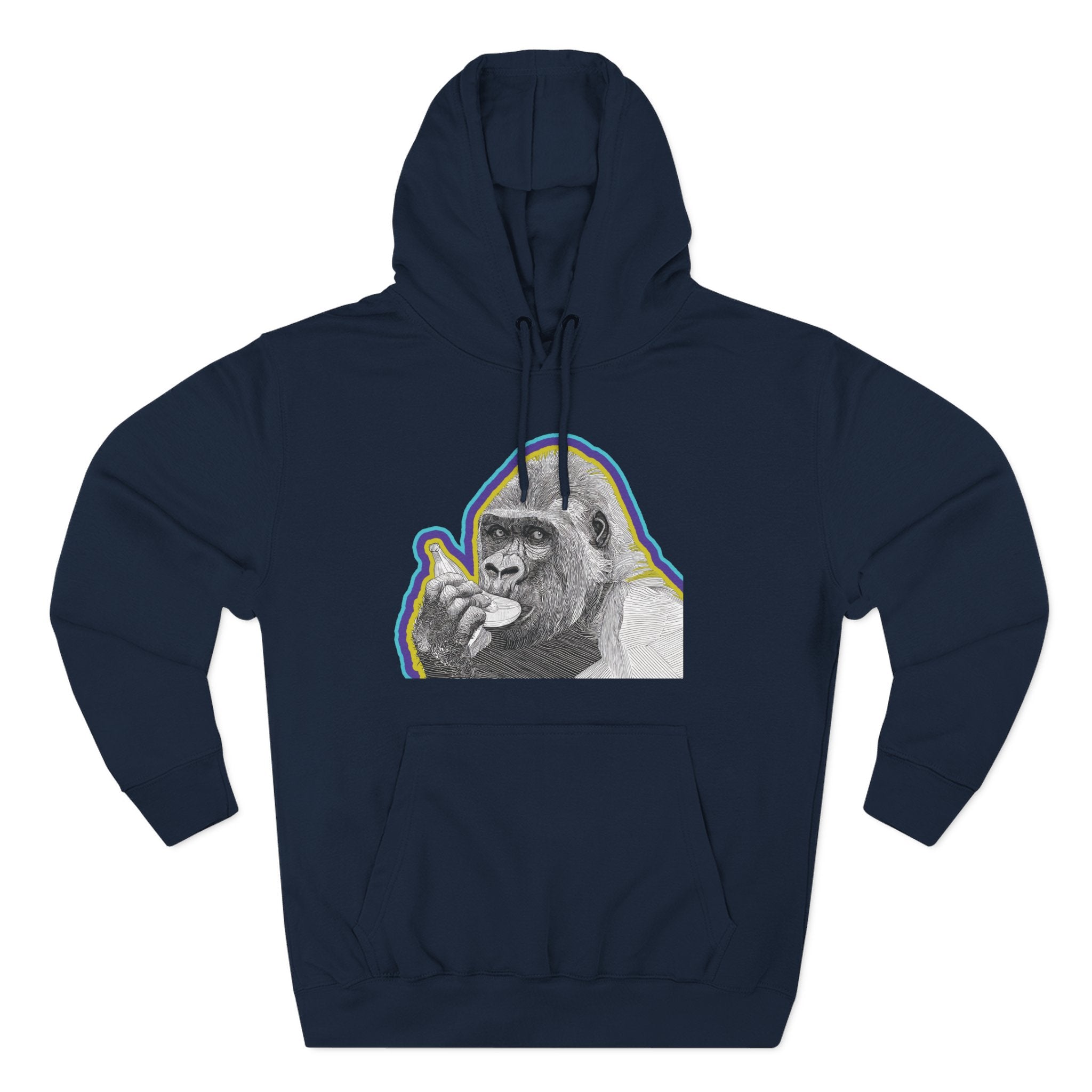 Psychedelic Gorilla Hoodie – Hand-Drawn Banana Graphic, Bold Neon Urban Streetwear, Perfect for Gifts, Lounging, Nature Lovers