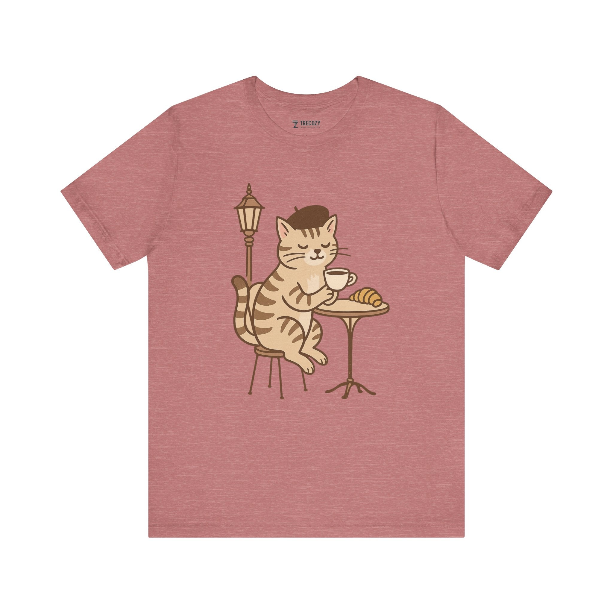 Cat Drinking Coffee Tee, Cozy Cat Lover Shirt, Gift for Pet Owners, Cute Animal Top, Cat with Croissant, Cat with Food, Travelling Cat