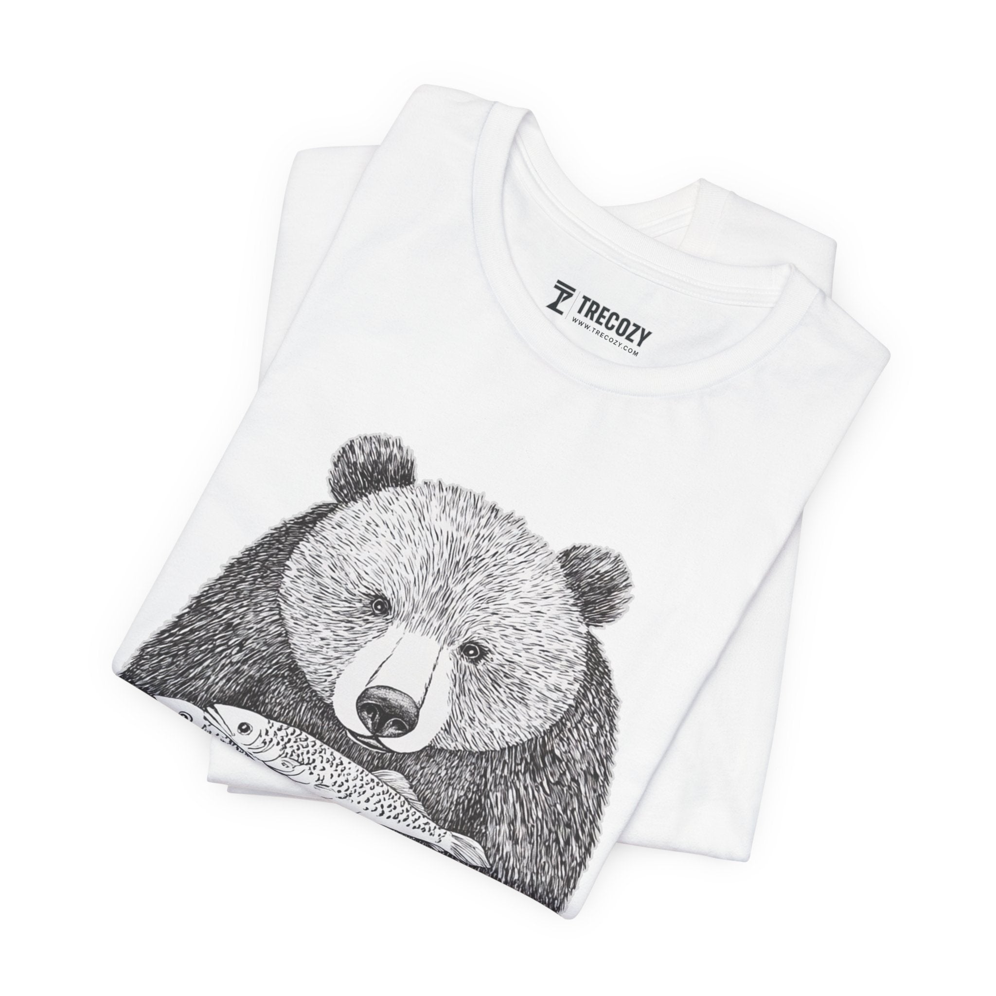 Bear with Fish Catch – Hand-Drawn Wildlife T-Shirt, Rustic Nature Graphic Tee, Artisan Wildlife Graphic Tee