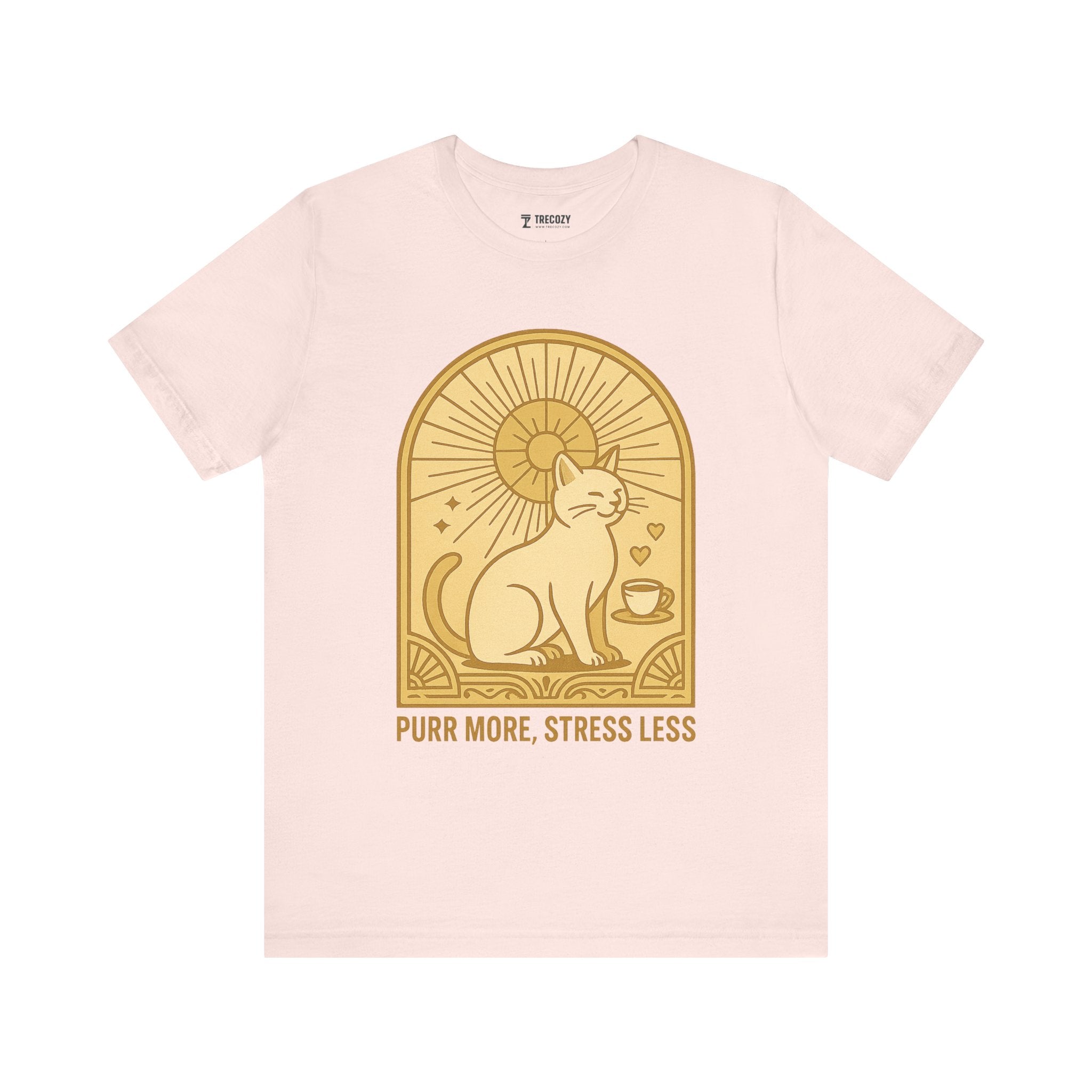 Purr More Stress Less Cat Tee, Cozy Cat Lover Shirt, Gift for Pet Owners, Cute Animal Top, Cat with Coffee