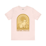 Purr More Stress Less Cat Tee, Cozy Cat Lover Shirt, Gift for Pet Owners, Cute Animal Top, Cat with Coffee