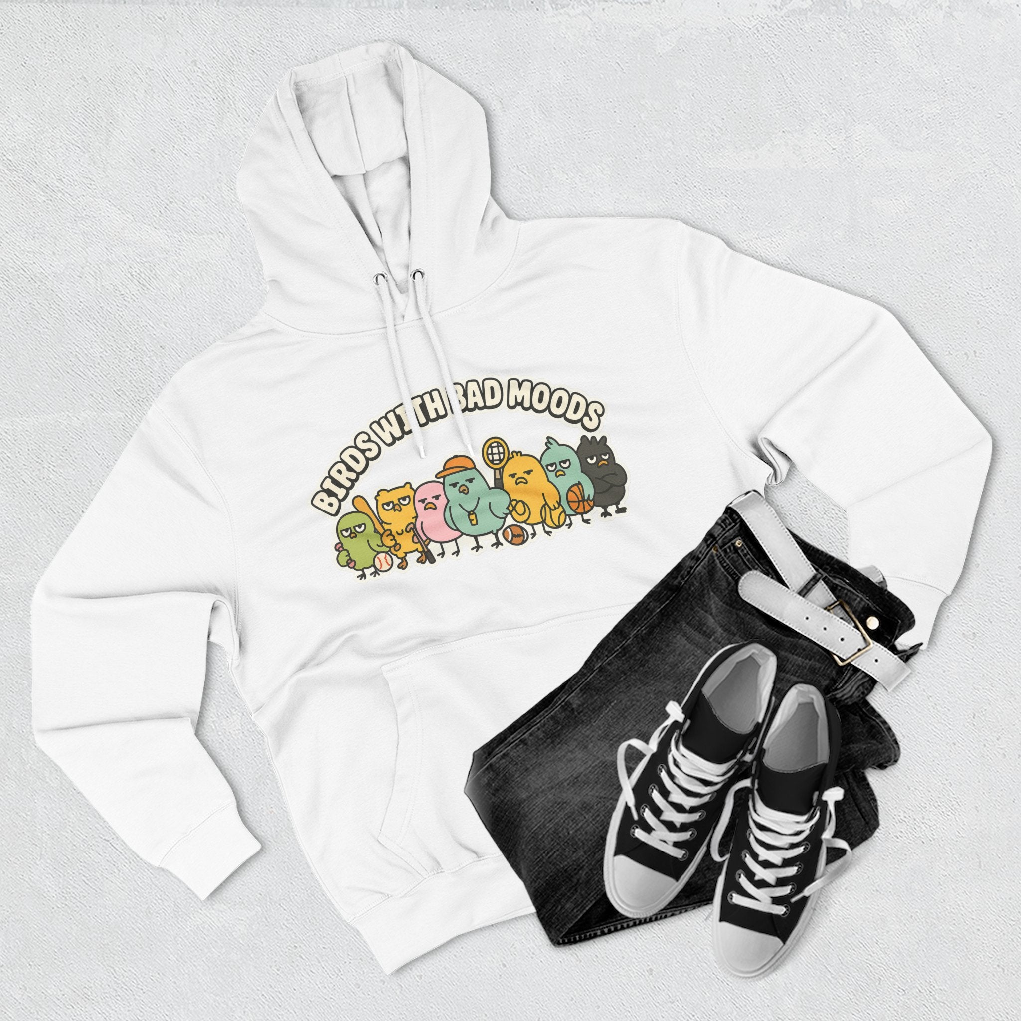 Birds with Bad Moods Adorable Fleece Hoodie, Cozy Sweatshirt, Relaxed Apparel, Gift for Friends, Casual Wear, Chill Hoodie