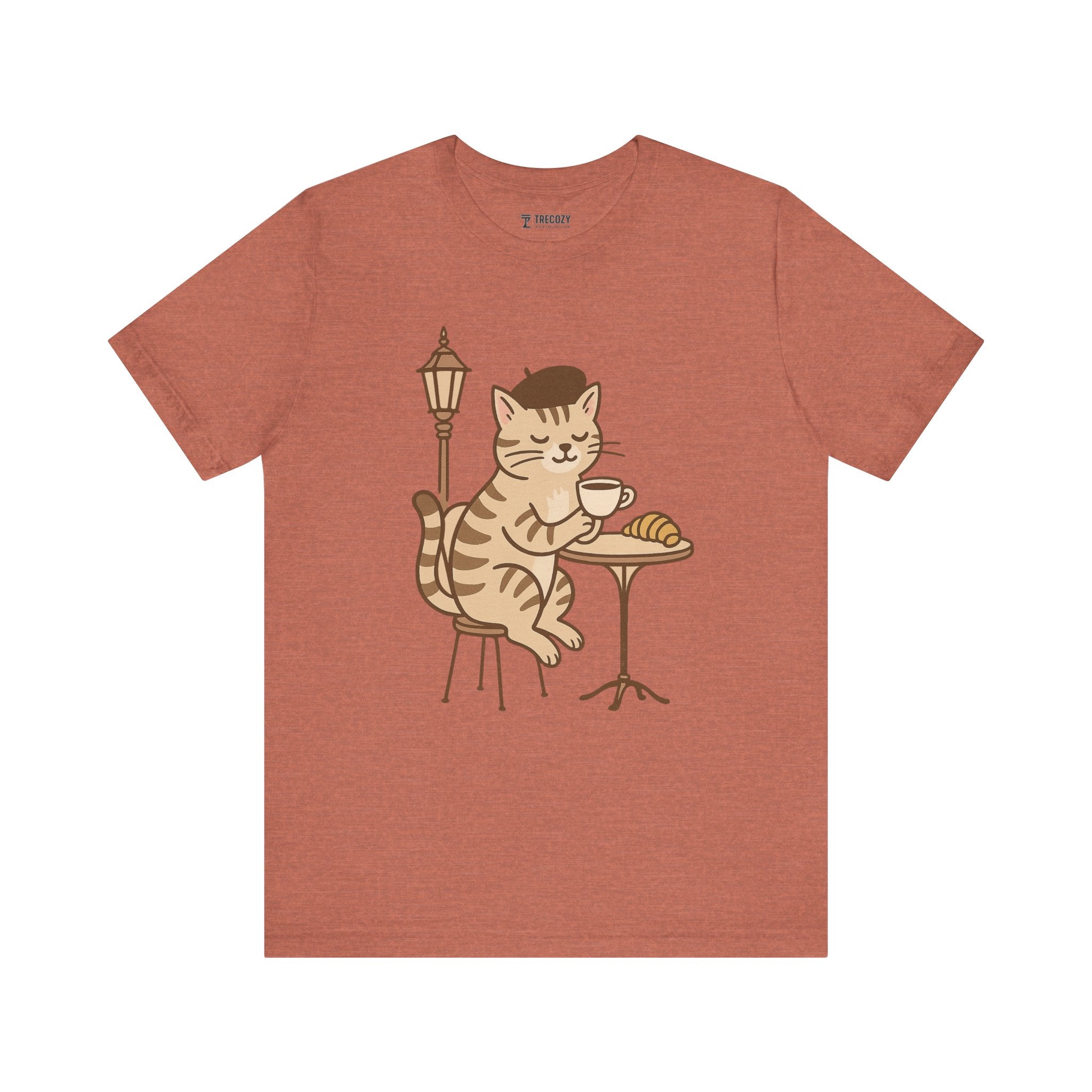 Cat Drinking Coffee Tee, Cozy Cat Lover Shirt, Gift for Pet Owners, Cute Animal Top, Cat with Croissant, Cat with Food, Travelling Cat