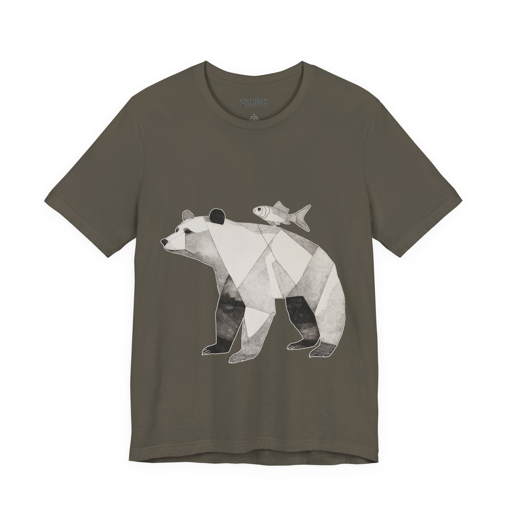 Geometric Bear & Fish – Hand-Drawn Abstract Wildlife T-Shirt, Modern Nature Graphic Tee, Wildlife Graphic Tee