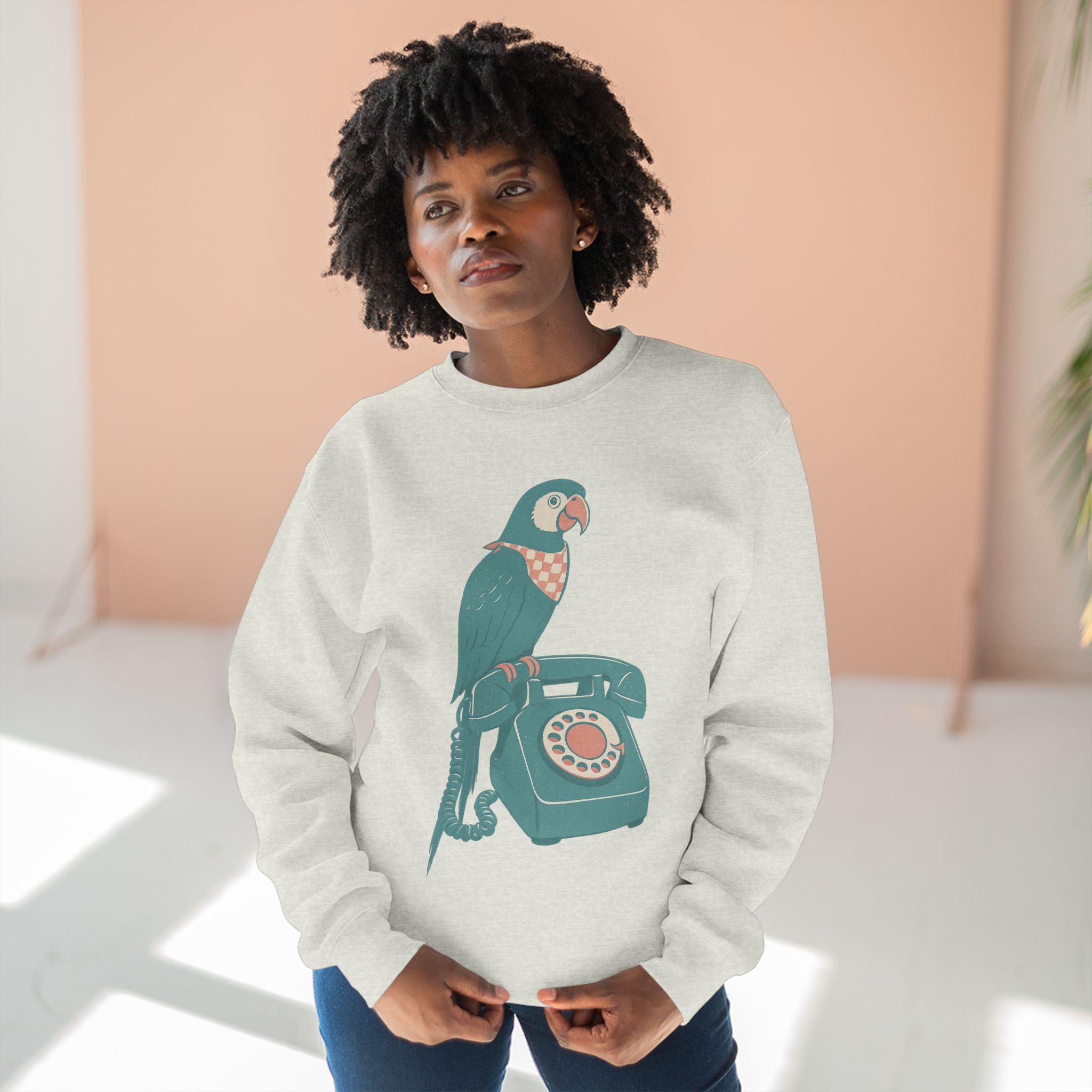 Vintage Parrot Phone Unisex Crewneck Sweatshirt, Gift for Bird Lovers, Cute Casual Wear, Retro Vibe, Ideal for Cozy Days, Birthday Gift