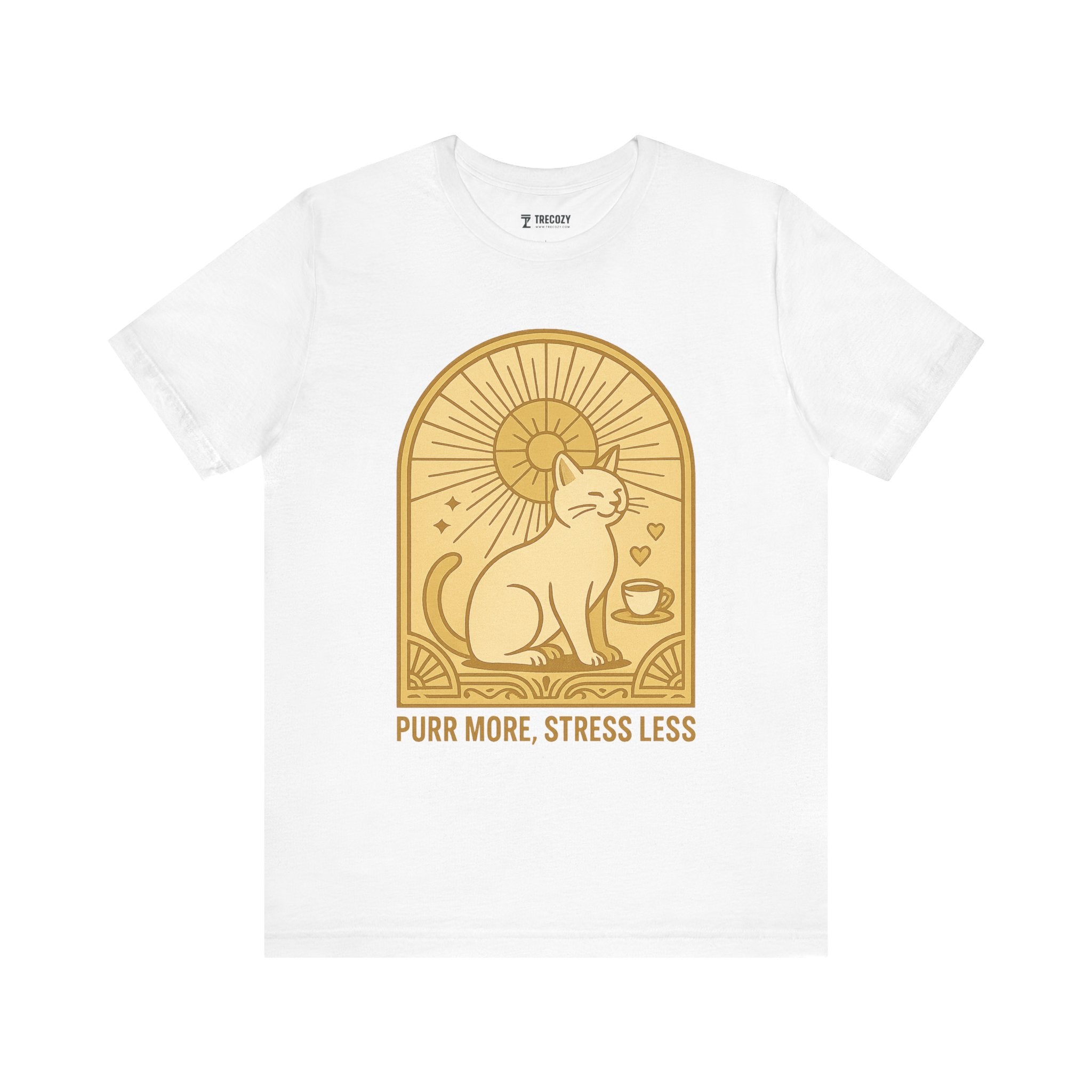 Purr More Stress Less Cat Tee, Cozy Cat Lover Shirt, Gift for Pet Owners, Cute Animal Top, Cat with Coffee