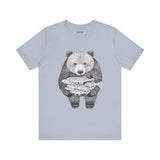 Bear with Fish Catch – Hand-Drawn Wildlife T-Shirt, Rustic Nature Graphic Tee, Artisan Wildlife Graphic Tee