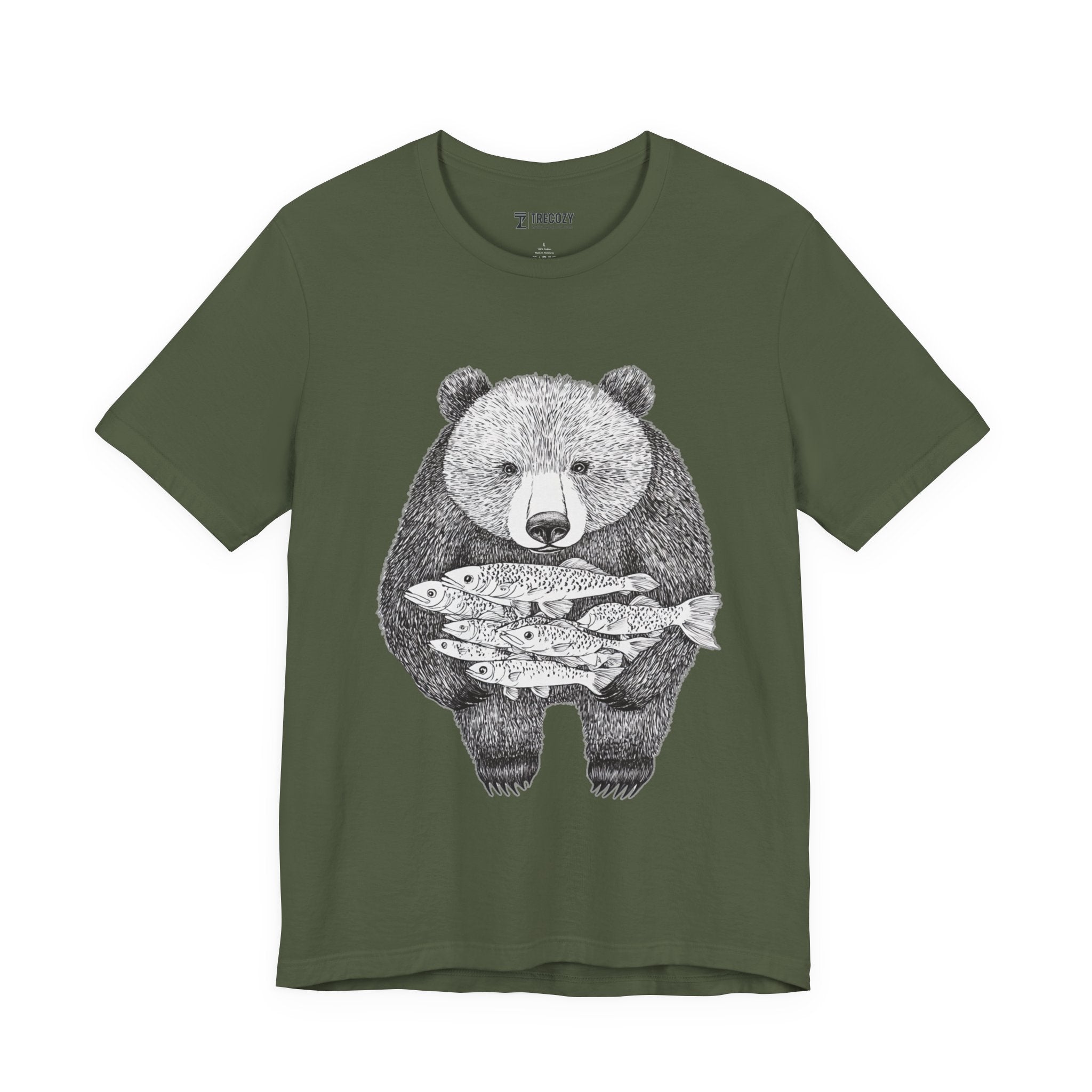 Bear with Fish Catch – Hand-Drawn Wildlife T-Shirt, Rustic Nature Graphic Tee, Artisan Wildlife Graphic Tee