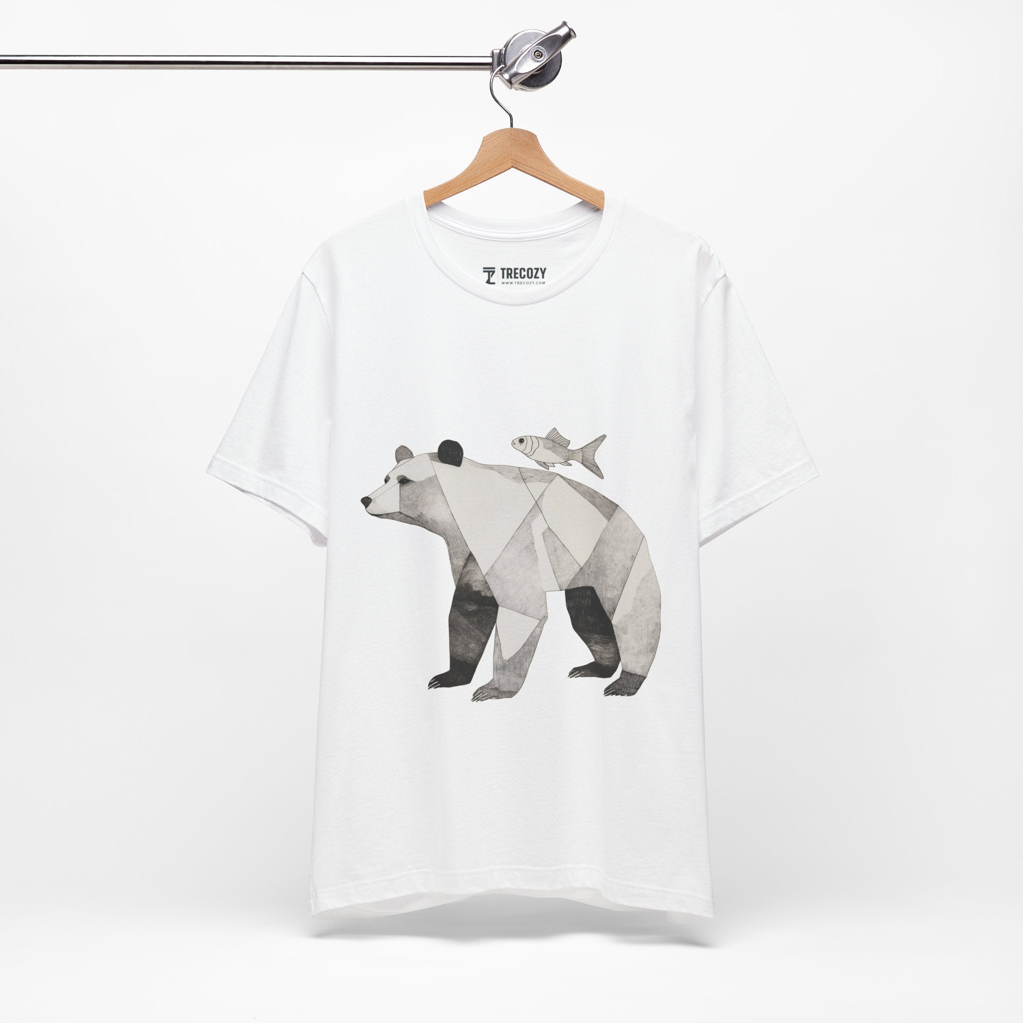 Geometric Bear & Fish – Hand-Drawn Abstract Wildlife T-Shirt, Modern Nature Graphic Tee, Wildlife Graphic Tee