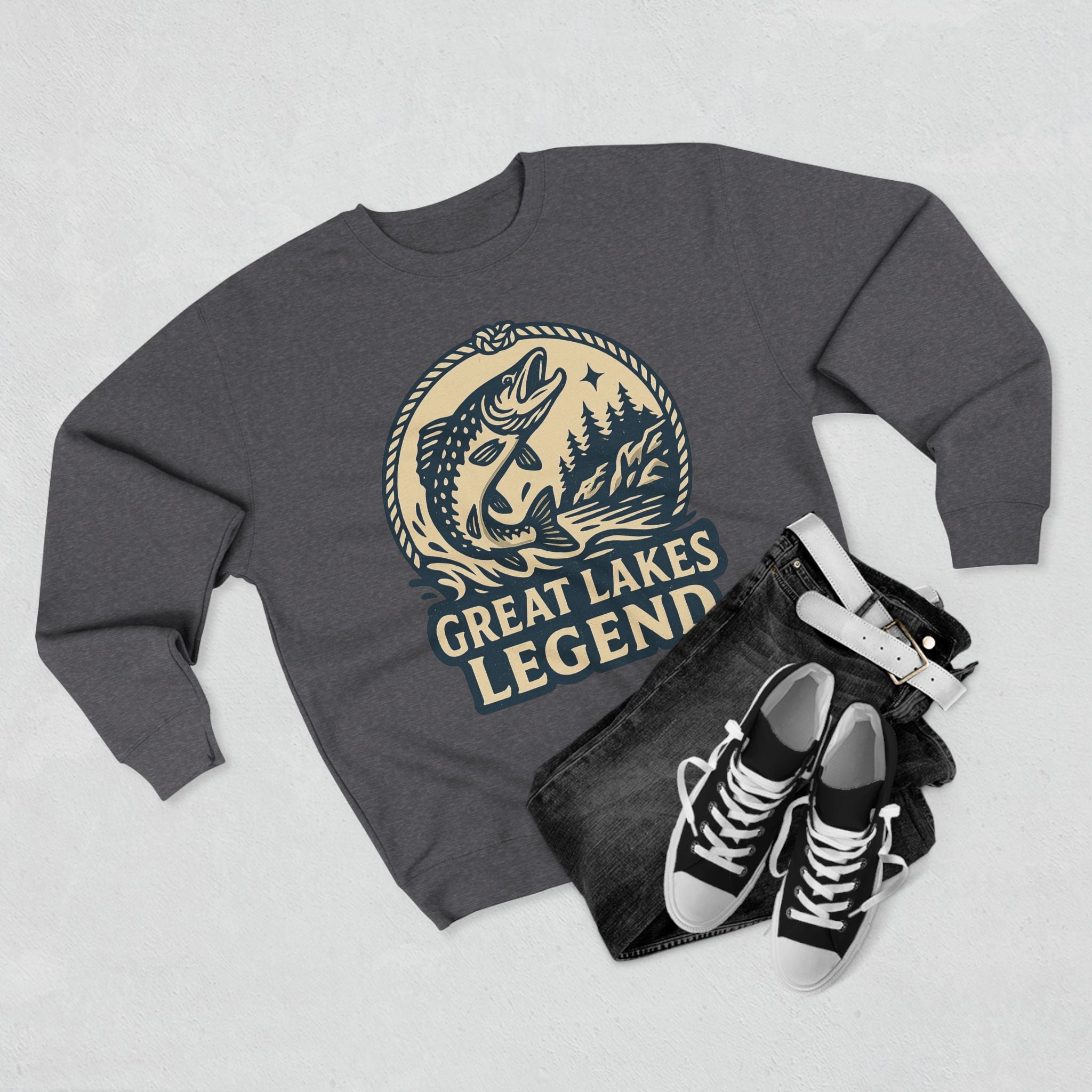 Great Lakes Legend Unisex Crewneck Sweatshirt | Cozy Outdoors Vibe, Perfect for Nature Lovers, Gift for Fishermen, Casual Wear, Fall Fashion