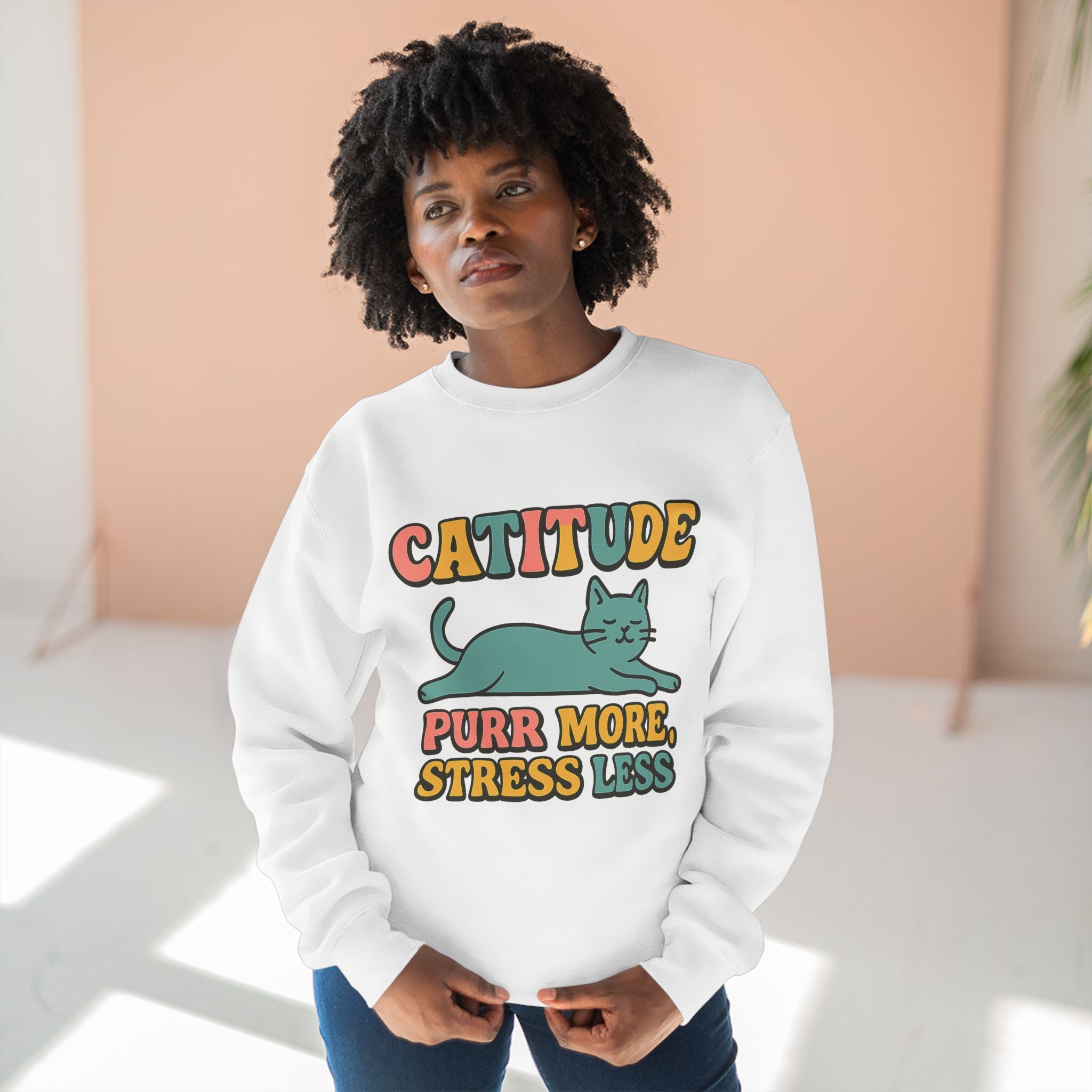 Playful Catitude Sweatshirt - Purr More Stress Less, Pet Lovers Gift, Animal Lover Apparel, Cozy Work from Home Wear, Cat Mom Sweatshirt