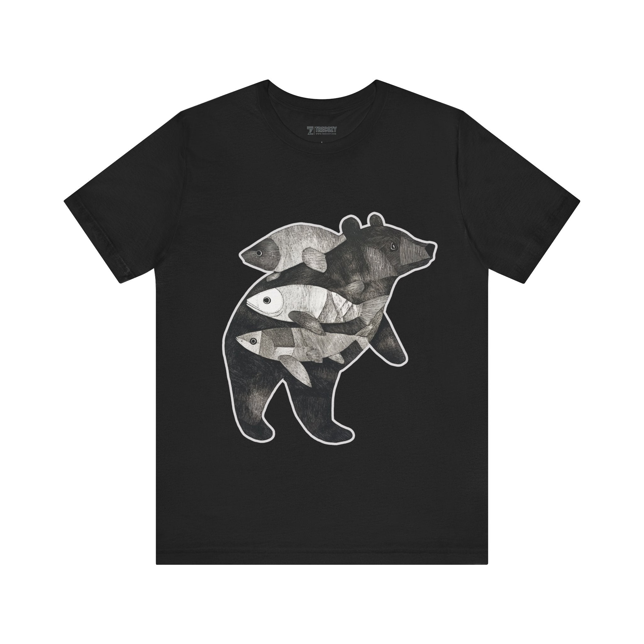 Bear & Fish – Nature T-Shirt, Artisan Wildlife Graphic Tee, Bear Graphic T-Shirt, Wildlife Lover Shirt