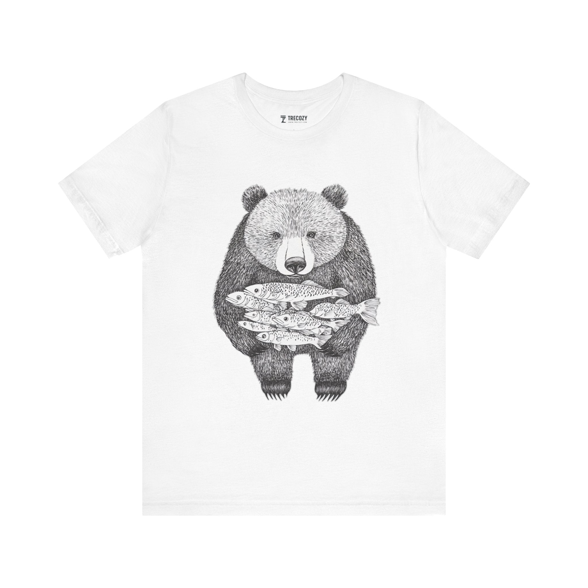 Bear with Fish Catch – Hand-Drawn Wildlife T-Shirt, Rustic Nature Graphic Tee, Artisan Wildlife Graphic Tee