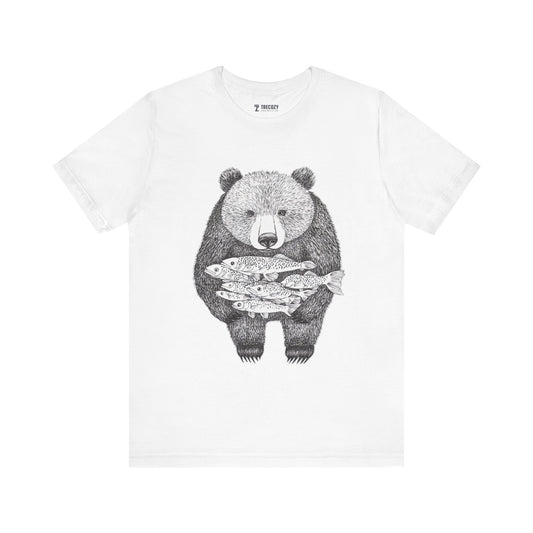 Bear with Fish Catch – Hand-Drawn Wildlife T-Shirt, Rustic Nature Graphic Tee, Artisan Wildlife Graphic Tee