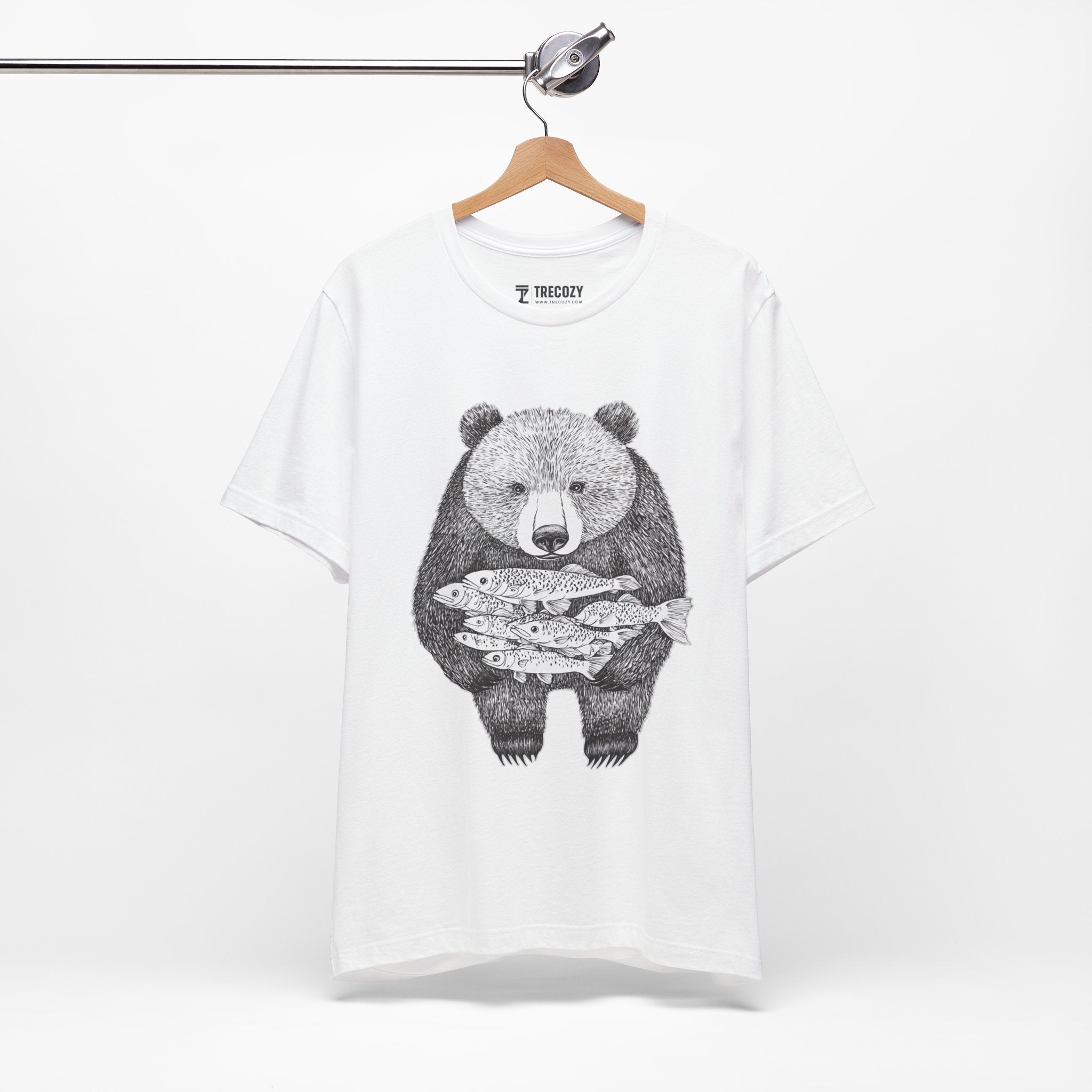 Bear with Fish Catch – Hand-Drawn Wildlife T-Shirt, Rustic Nature Graphic Tee, Artisan Wildlife Graphic Tee