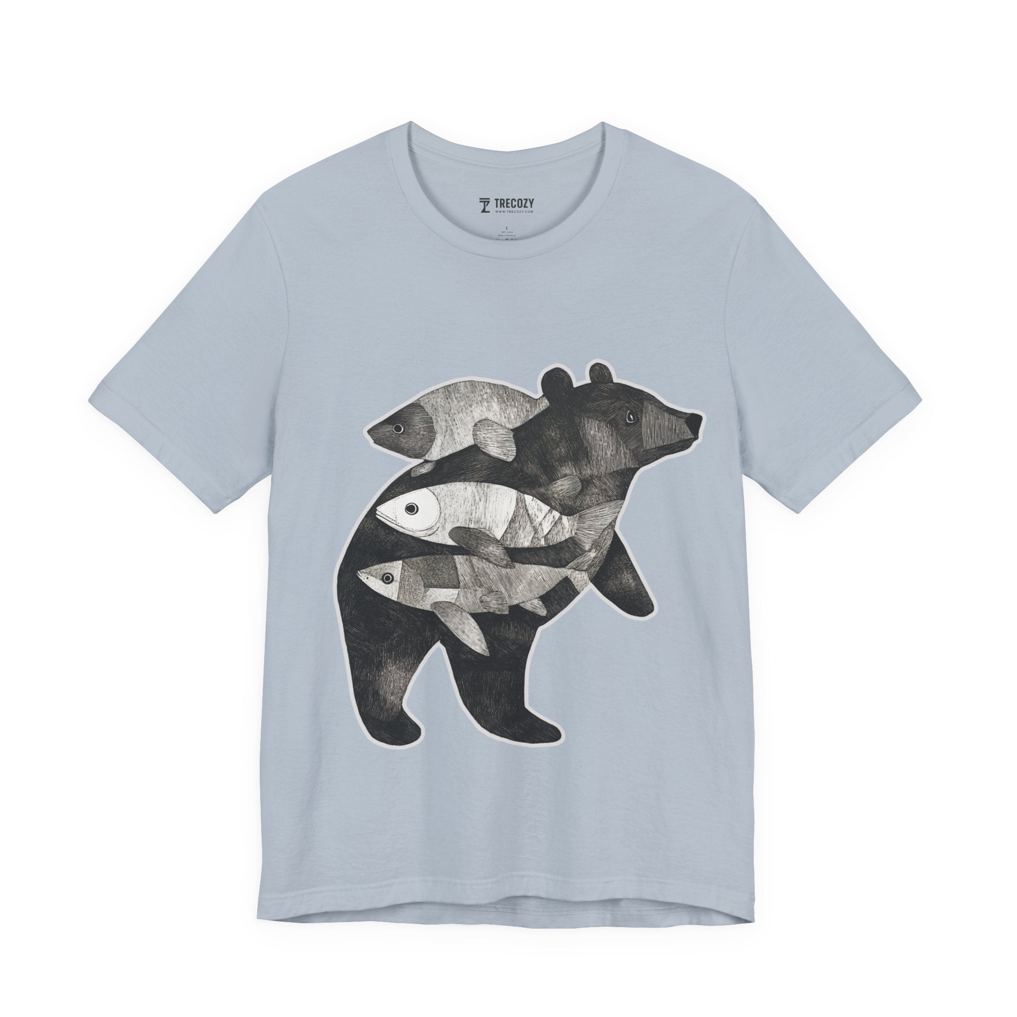 Bear & Fish – Nature T-Shirt, Artisan Wildlife Graphic Tee, Bear Graphic T-Shirt, Wildlife Lover Shirt