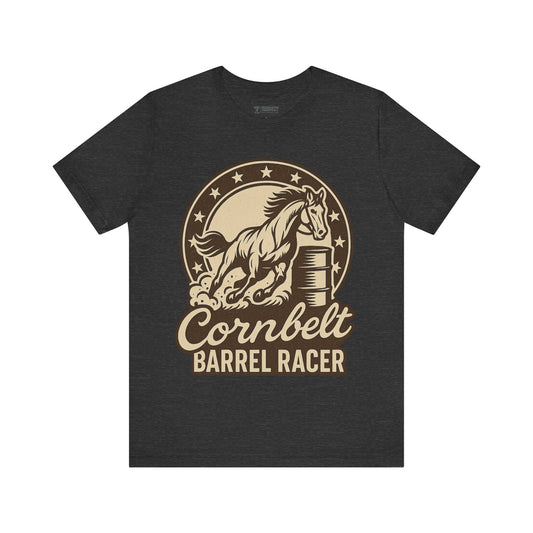 Cornbelt Barrel Racer Unisex Tee – Vintage Graphic Horse T-Shirt for Outdoorsy Souls, Perfect Gift for Adventurers, Casual Wear, or Travel
