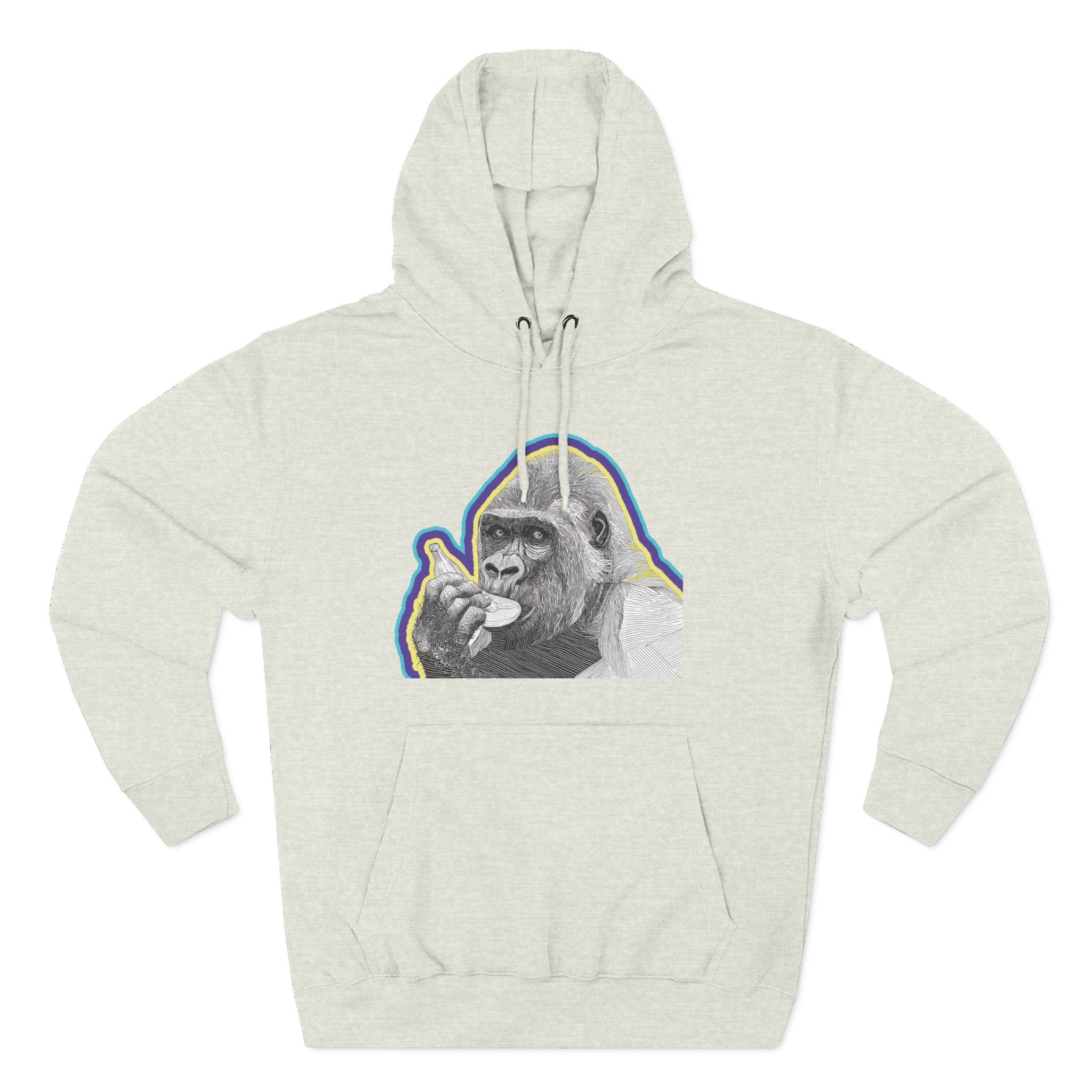 Psychedelic Gorilla Hoodie – Hand-Drawn Banana Graphic, Bold Neon Urban Streetwear, Perfect for Gifts, Lounging, Nature Lovers