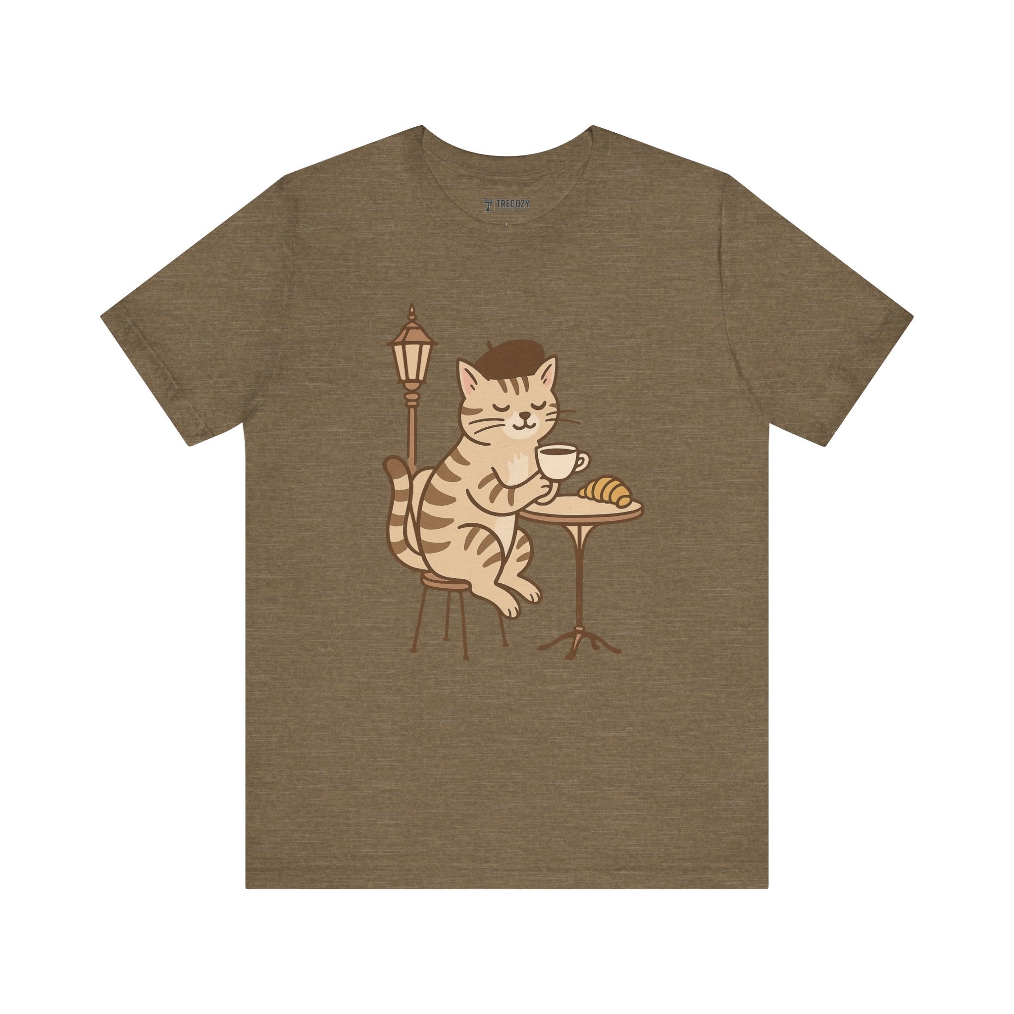 Cat Drinking Coffee Tee, Cozy Cat Lover Shirt, Gift for Pet Owners, Cute Animal Top, Cat with Croissant, Cat with Food, Travelling Cat