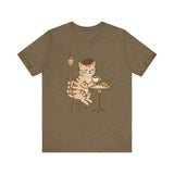 Cat Drinking Coffee Tee, Cozy Cat Lover Shirt, Gift for Pet Owners, Cute Animal Top, Cat with Croissant, Cat with Food, Travelling Cat