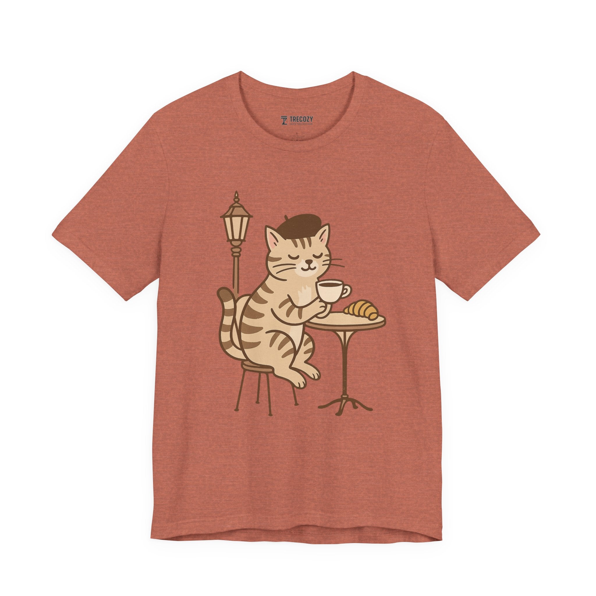 Cat Drinking Coffee Tee, Cozy Cat Lover Shirt, Gift for Pet Owners, Cute Animal Top, Cat with Croissant, Cat with Food, Travelling Cat