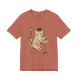 Cat Drinking Coffee Tee, Cozy Cat Lover Shirt, Gift for Pet Owners, Cute Animal Top, Cat with Croissant, Cat with Food, Travelling Cat