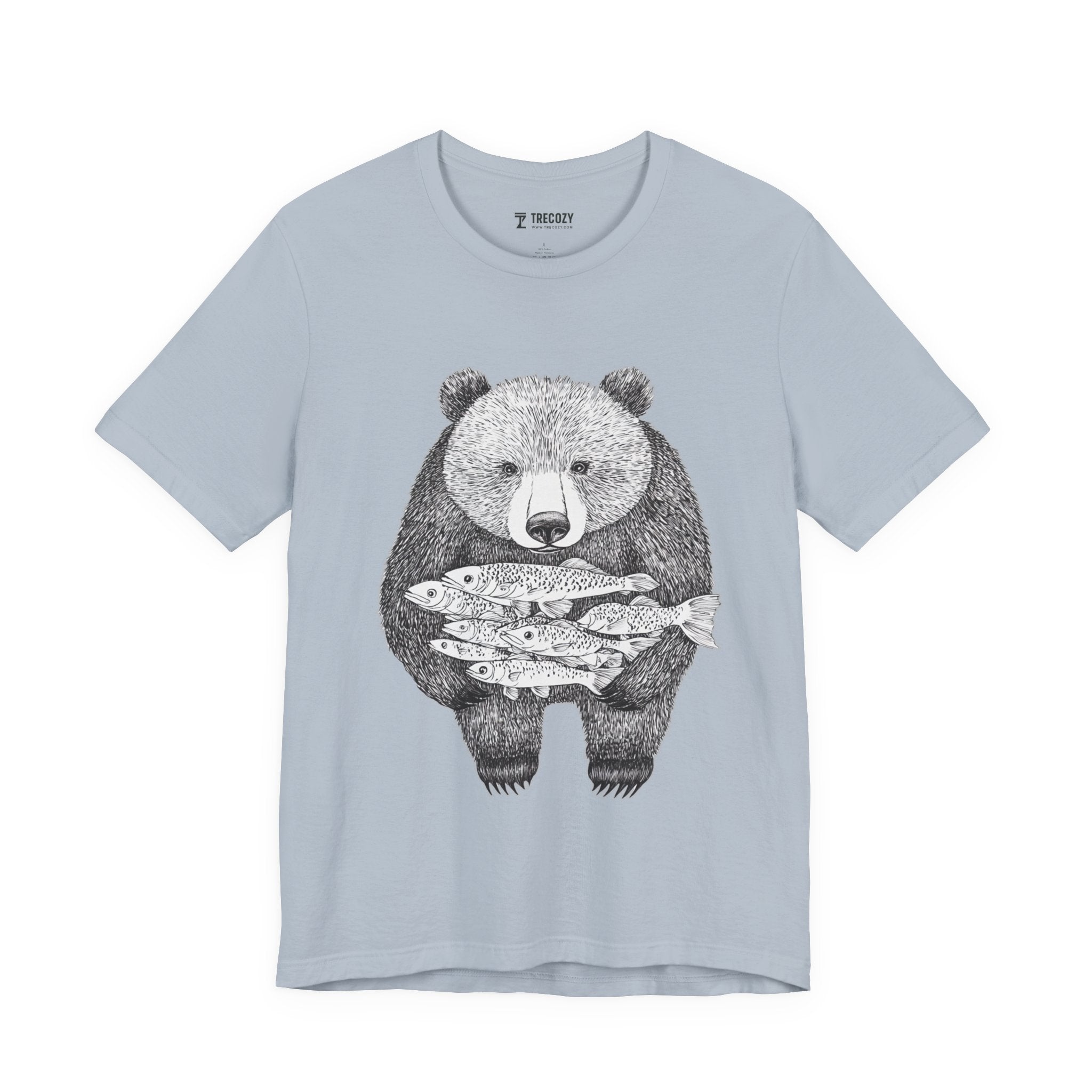 Bear with Fish Catch – Hand-Drawn Wildlife T-Shirt, Rustic Nature Graphic Tee, Artisan Wildlife Graphic Tee