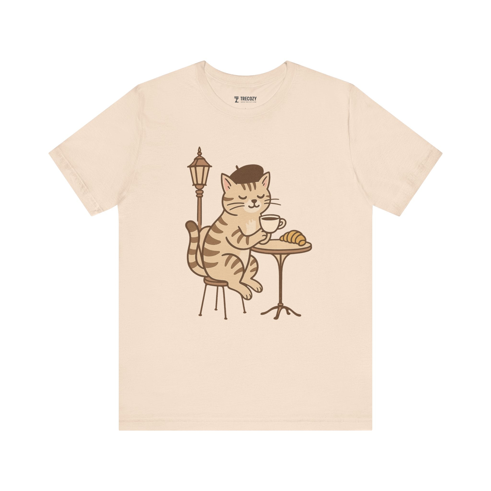 Cat Drinking Coffee Tee, Cozy Cat Lover Shirt, Gift for Pet Owners, Cute Animal Top, Cat with Croissant, Cat with Food, Travelling Cat