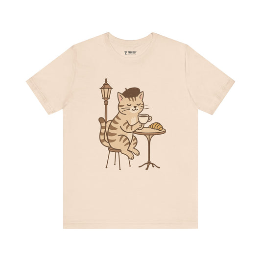 Cat Drinking Coffee Tee, Cozy Cat Lover Shirt, Gift for Pet Owners, Cute Animal Top, Cat with Croissant, Cat with Food, Travelling Cat