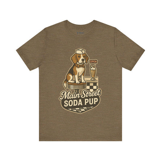 Main Street Soda Pup Unisex Tee – Vintage Graphic Beagle Dog T-Shirt for Outdoorsy Souls, Perfect Gift for Adventurers, Casual Wear, or Travel