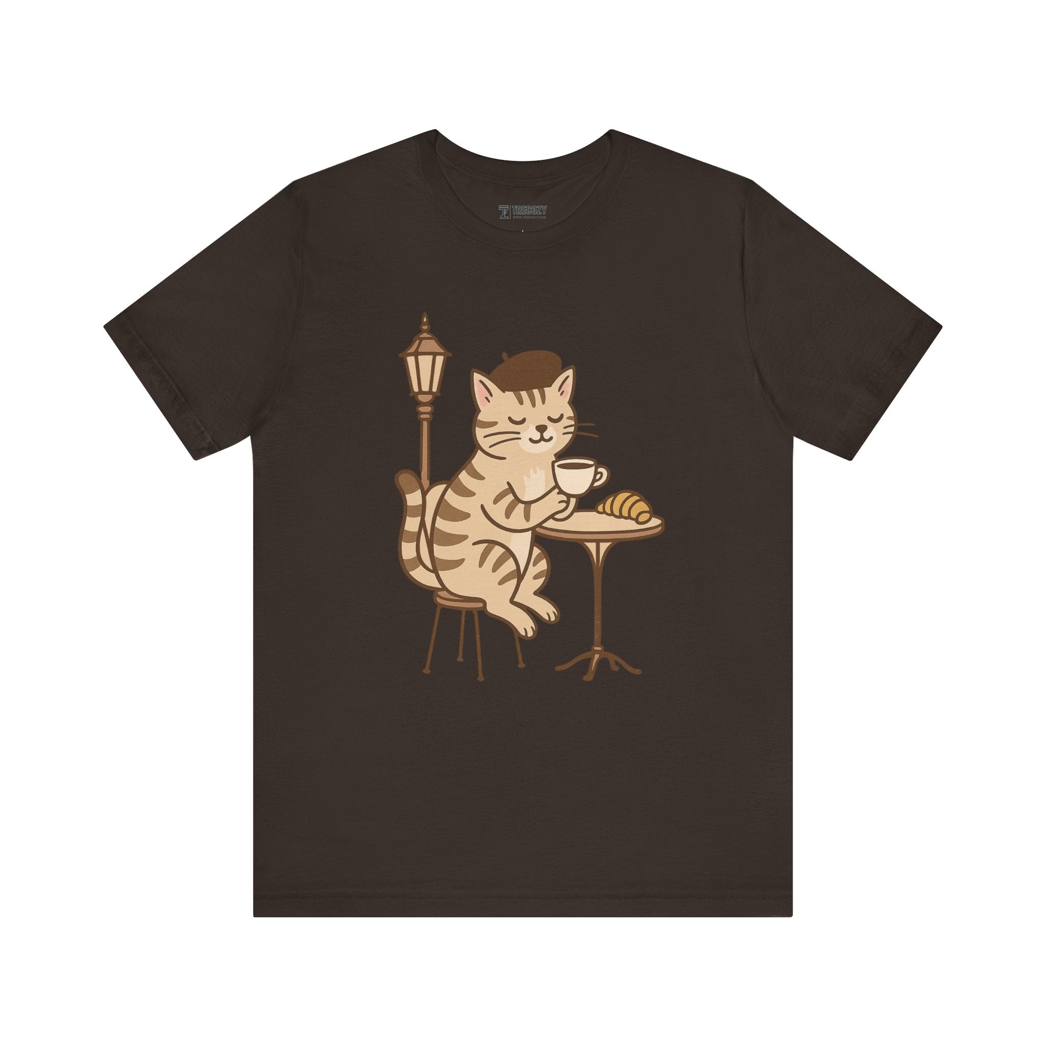 Cat Drinking Coffee Tee, Cozy Cat Lover Shirt, Gift for Pet Owners, Cute Animal Top, Cat with Croissant, Cat with Food, Travelling Cat