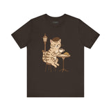 Cat Drinking Coffee Tee, Cozy Cat Lover Shirt, Gift for Pet Owners, Cute Animal Top, Cat with Croissant, Cat with Food, Travelling Cat